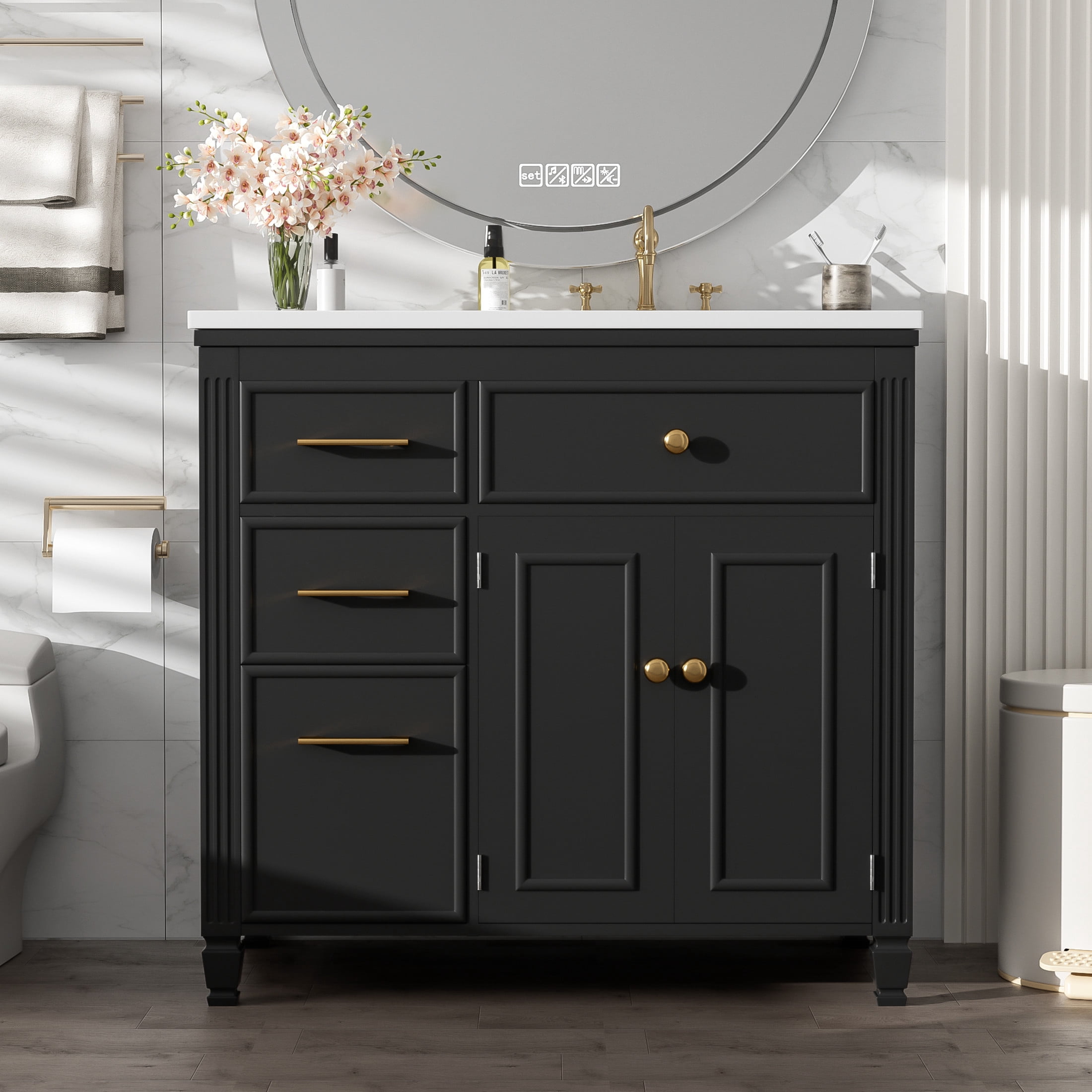 Christopher Knight Home 36" Bathroom Vanity with Sink, Tip-out Drawers & Gold Metal Handles, Black