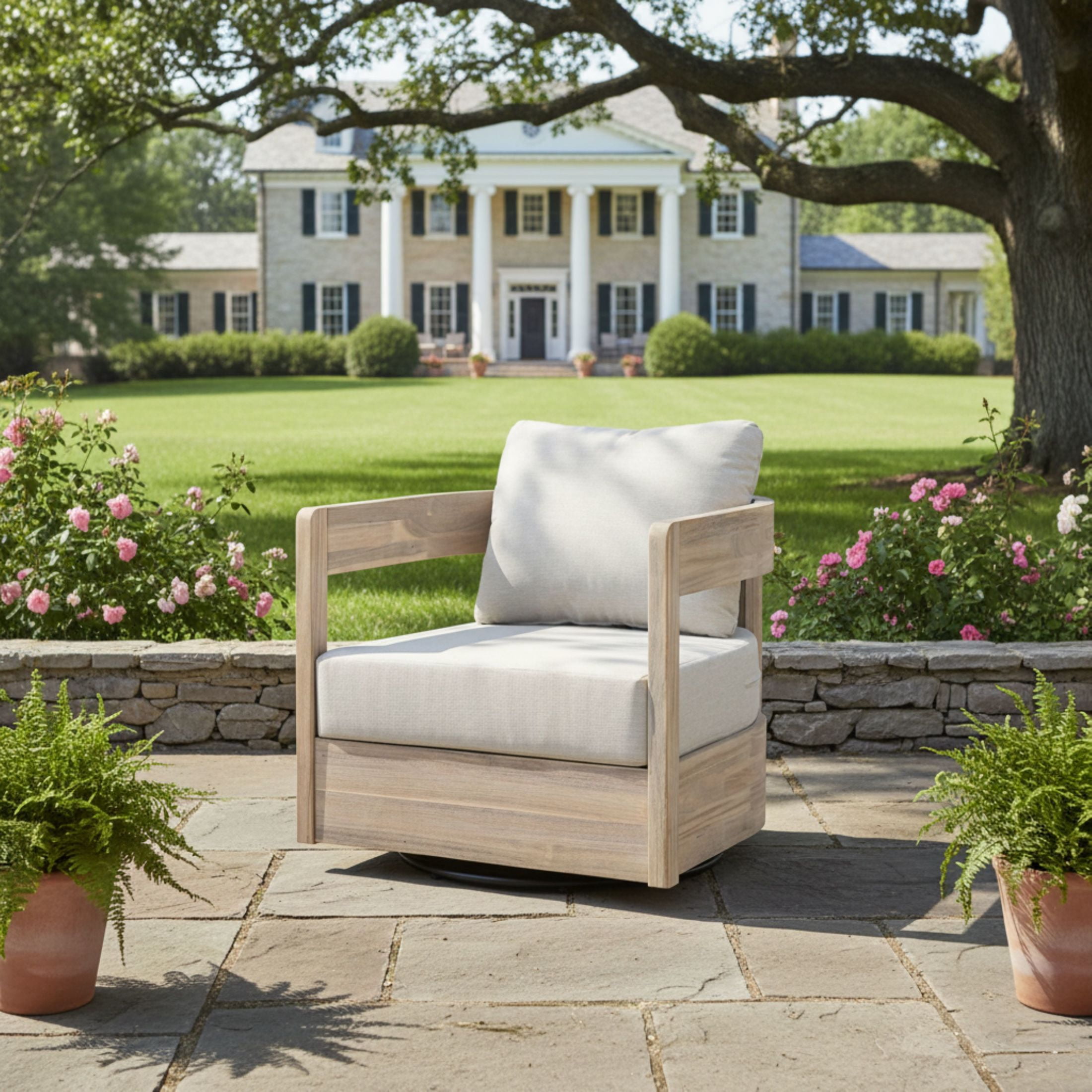 Christopher Knight Home 360° Outdoor Swivel Lounge Chair, Light White Wood Frame with Beige Cushion