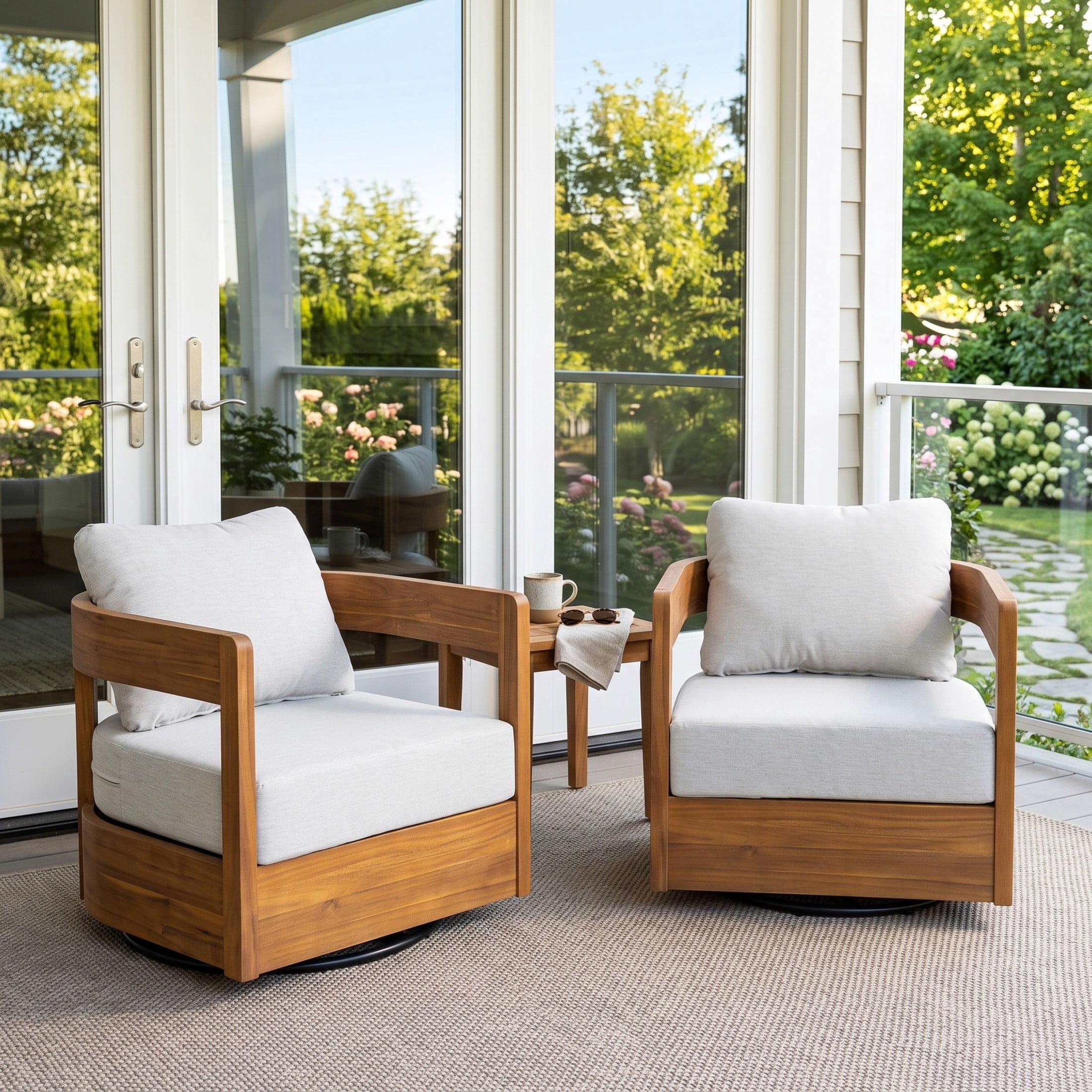 Christopher Knight Home 360° Outdoor Swivel Lounge Chair, Wood Frame with Beige Cushion, Set of 2