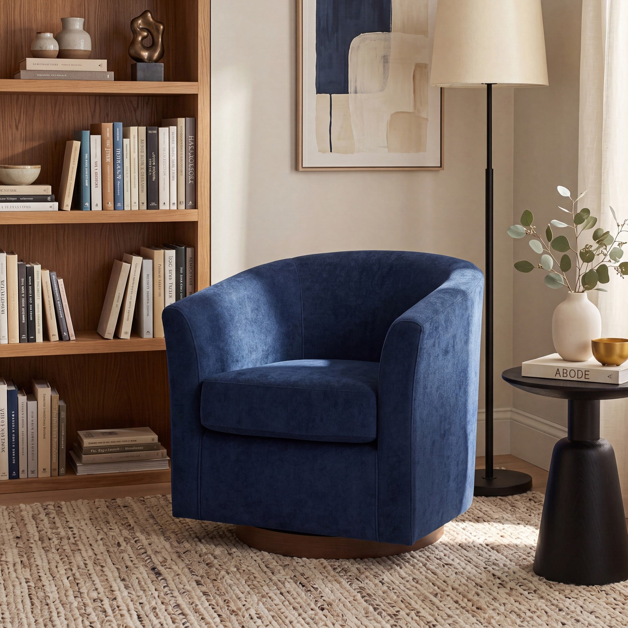 Christopher Knight Home 360° Swivel Barrel Chair with Velvet Upholstery and Wooden Base, Blue