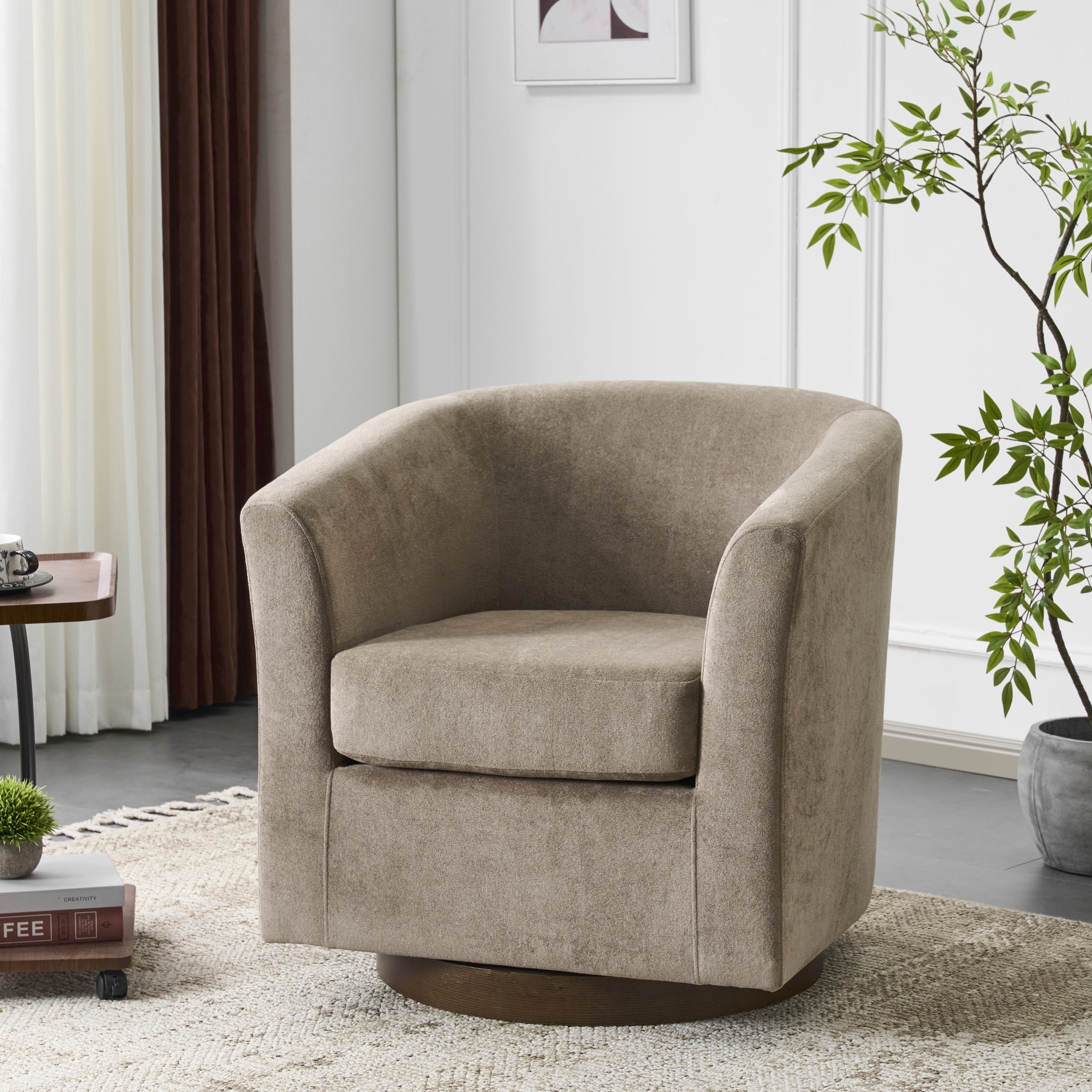 Christopher Knight Home 360° Swivel Barrel Chair with Velvet Upholstery and Wooden Base, Light Brown