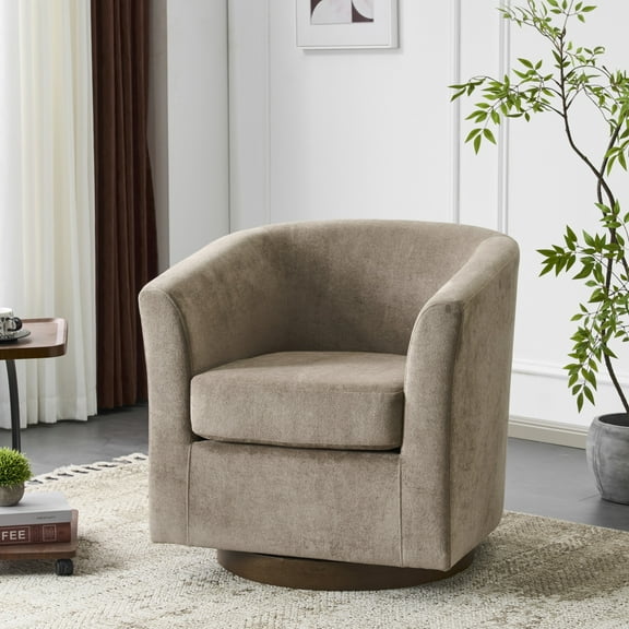 Christopher Knight Home 360° Swivel Barrel Chair with Velvet Upholstery and Wooden Base, Light Brown