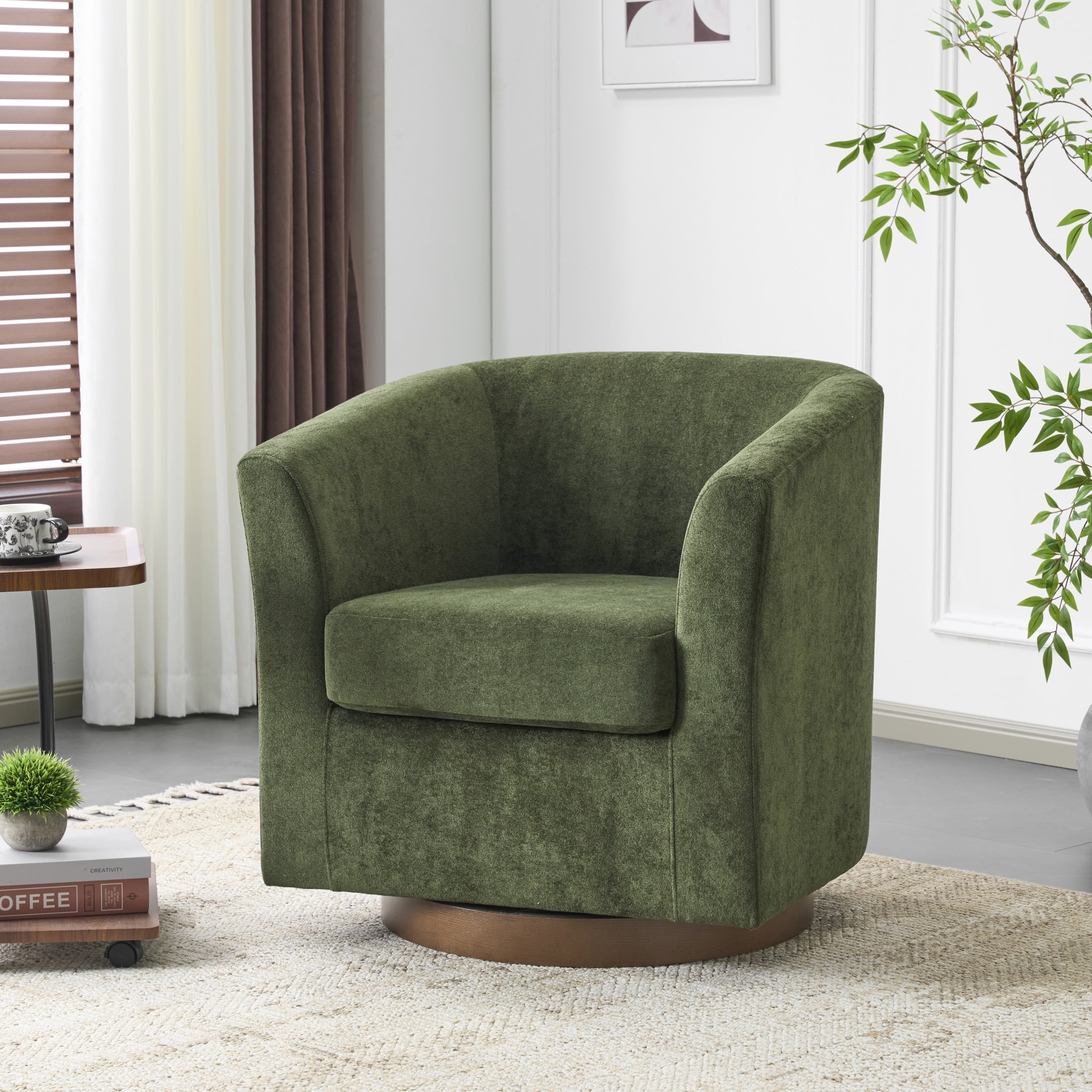 Christopher Knight Home 360° Swivel Barrel Chair with Velvet Upholstery and Wooden Base, Olive Green