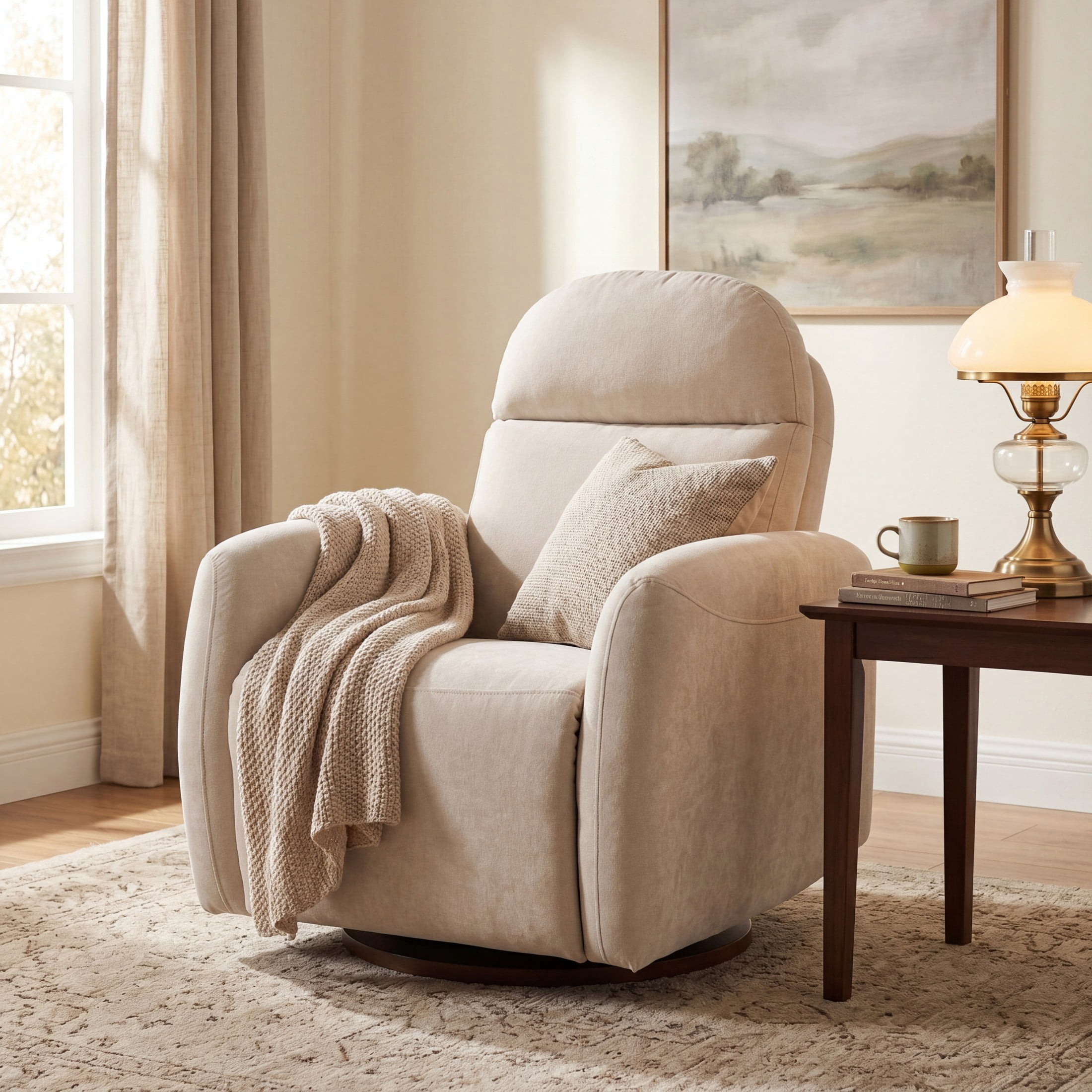 Christopher Knight Home 360° Swivel Glider Chair, Manual Upholstered Recliner with Wood Base, Beige