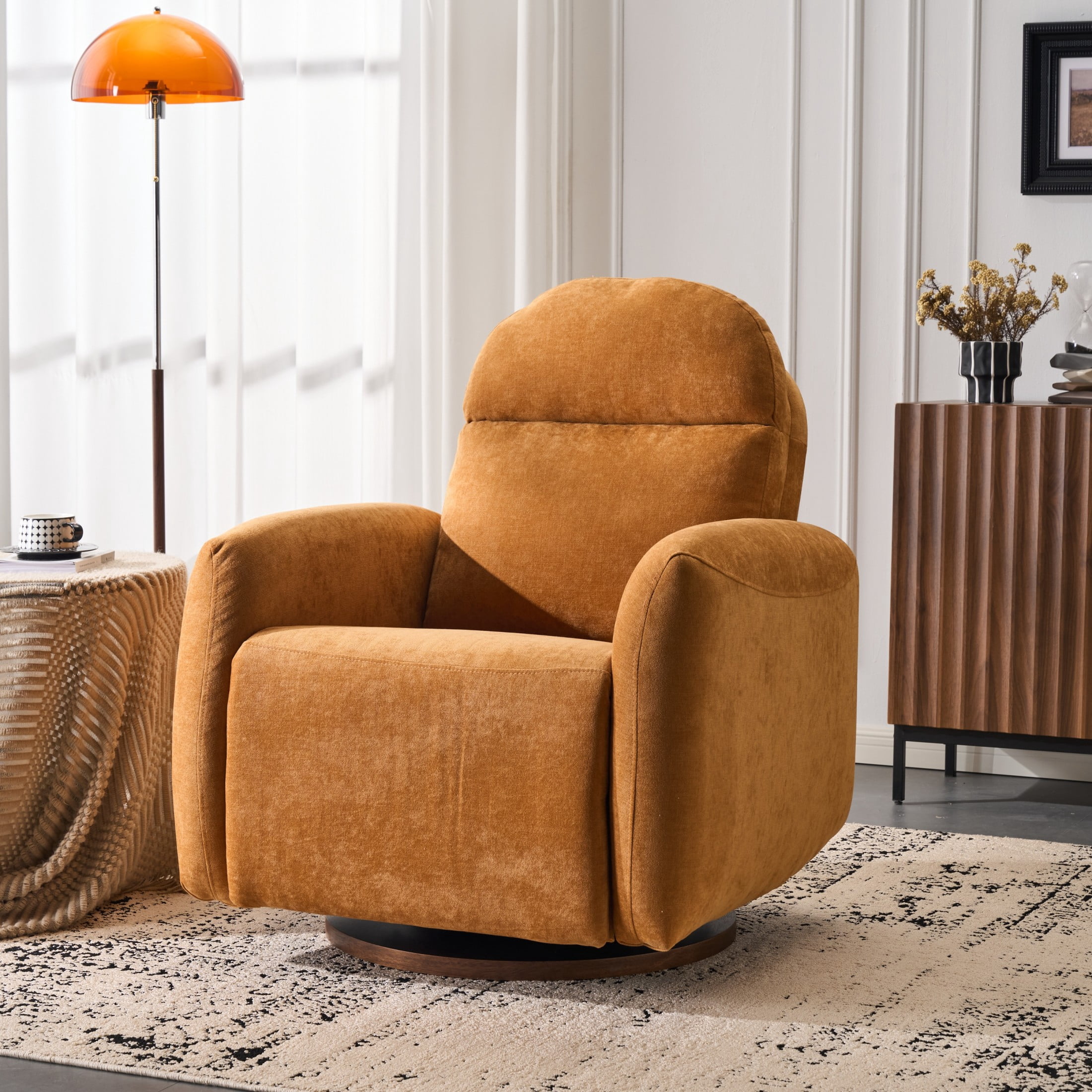 Christopher Knight Home 360° Swivel Glider Chair, Manual Upholstered Recliner with Wood Base, Pumpkin Yellow