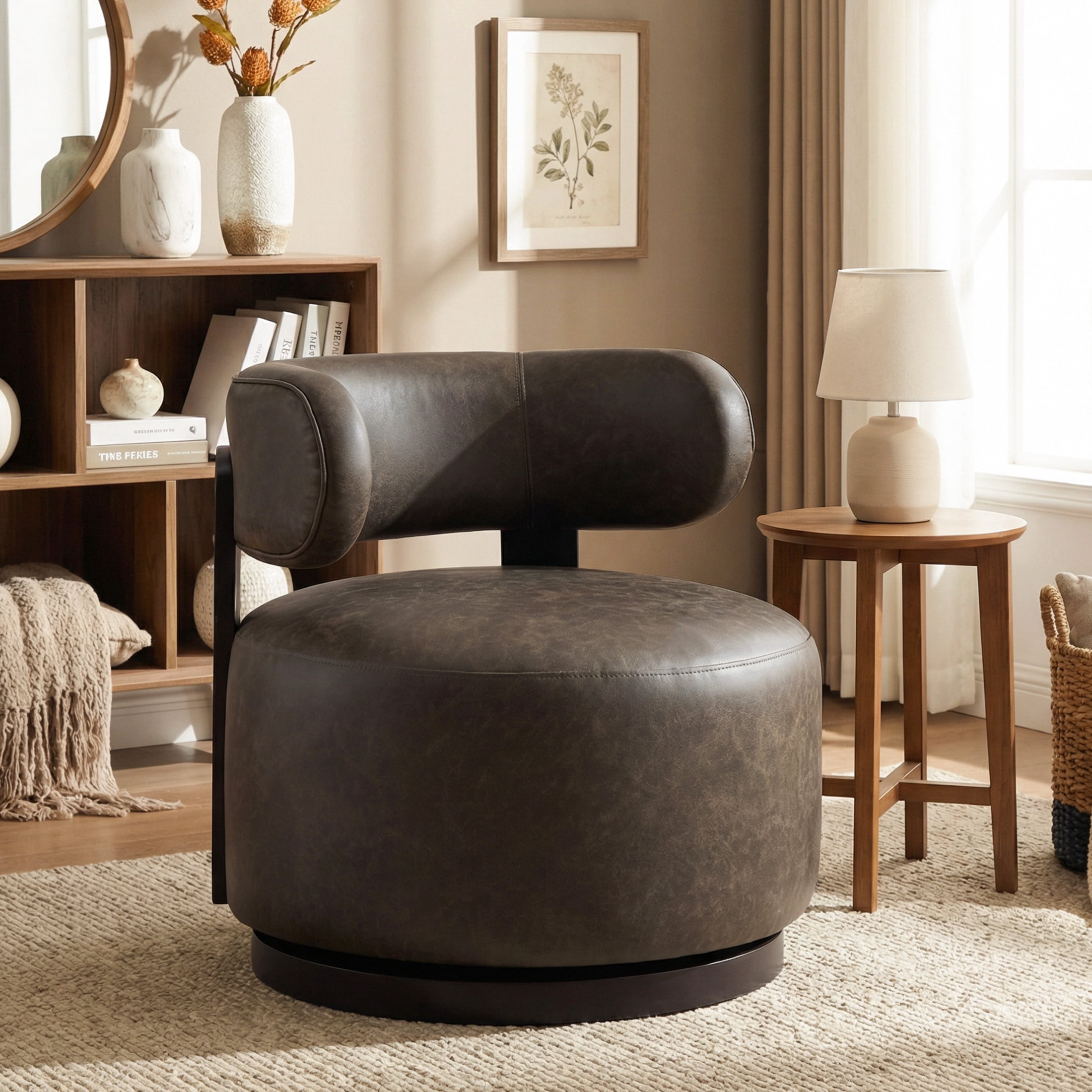 Christopher Knight Home 360° Swivel Leather Barrel Accent Chair with Rubberwood Base, Dark Brown