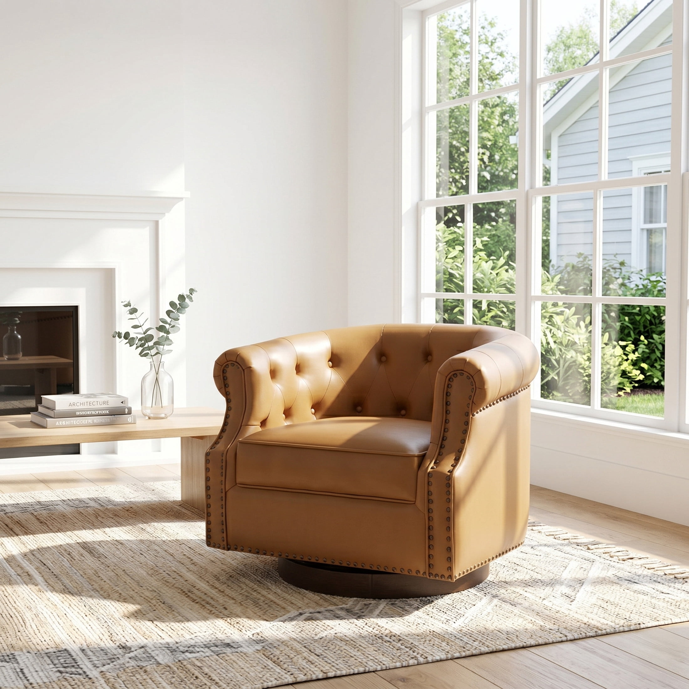 Christopher Knight Home 360° Swivel Modern Accent Chair, PU Leather Barrel Chair with Wood Base, Brown