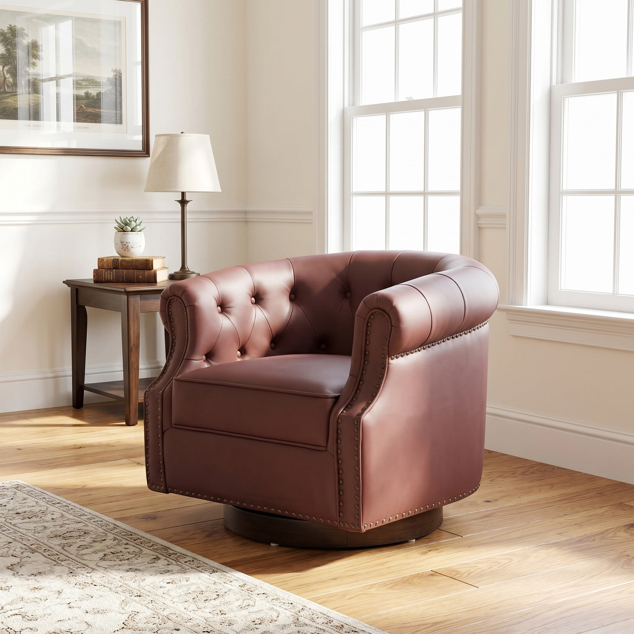 Christopher Knight Home 360° Swivel Modern Accent Chair, PU Leather Barrel Chair with Wood Base, Red