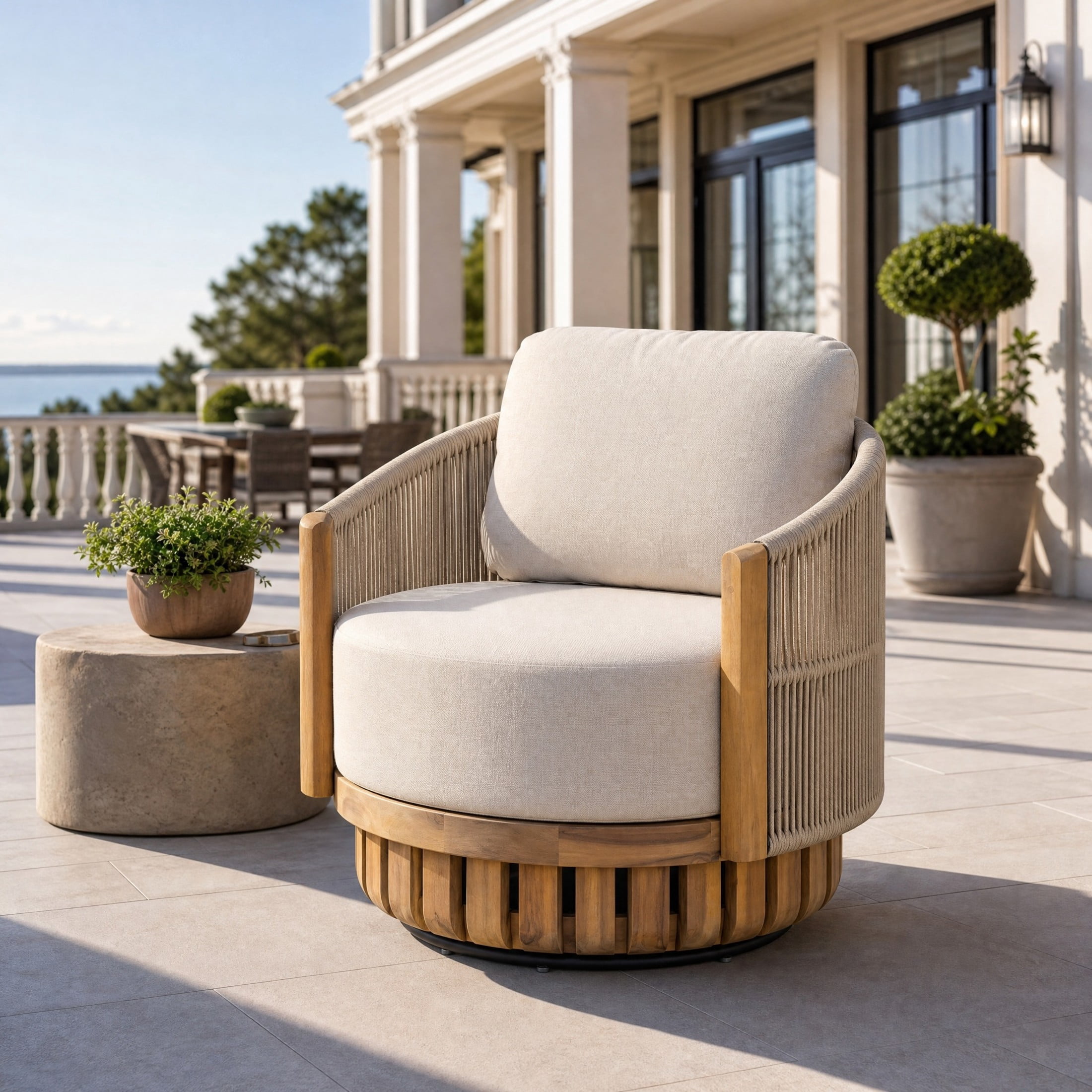 Christopher Knight Home 360° Swivel Patio Lounge Chair, Acacia Wood Frame with Rope Accents, Beige+Teak
