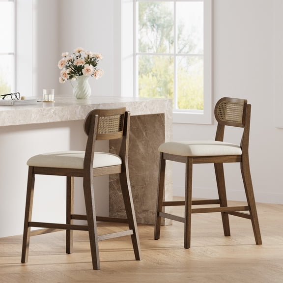 Christopher Knight Home 37.24"H Retro Rubberwood Bar Stools with Rattan Back Set of 2, Brown+White