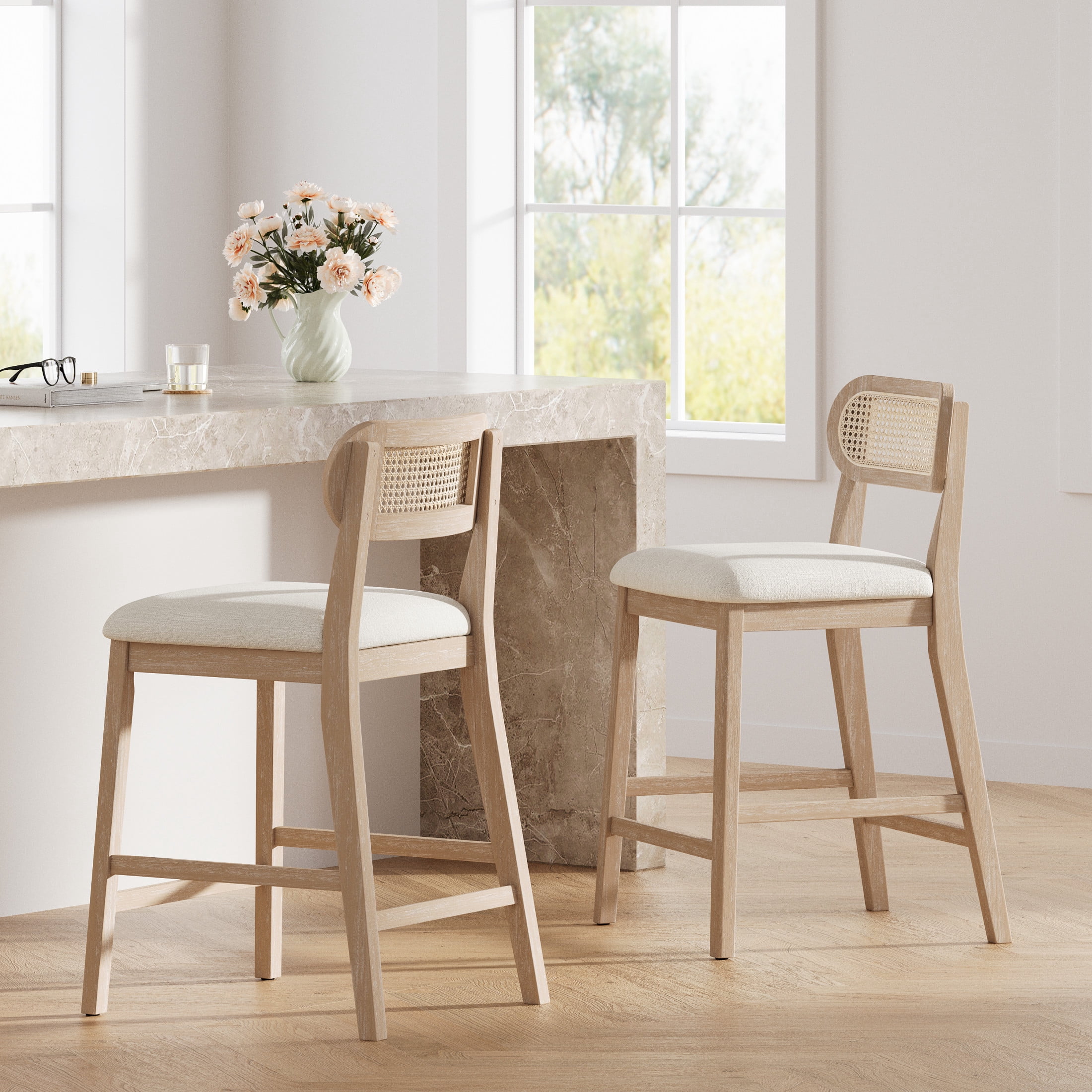 Christopher Knight Home 37.24"H Retro Rubberwood Bar Stools with Rattan Back Set of 2, Natural+Beige