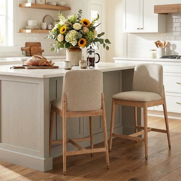 Christopher Knight Home 38"H Beige Upholstered Counter Stools Set of 2, Natural Finish Rubberwood Frame