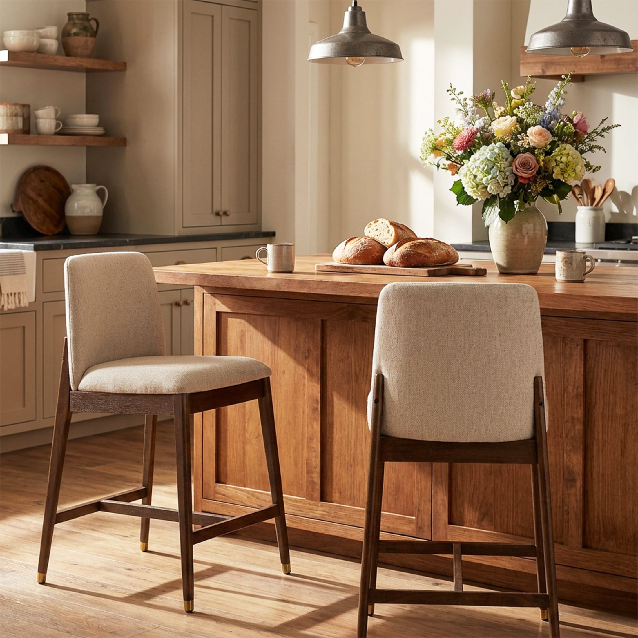 Christopher Knight Home 38"H Beige Upholstered Counter Stools Set of 2, Walnut Finish Rubberwood Frame