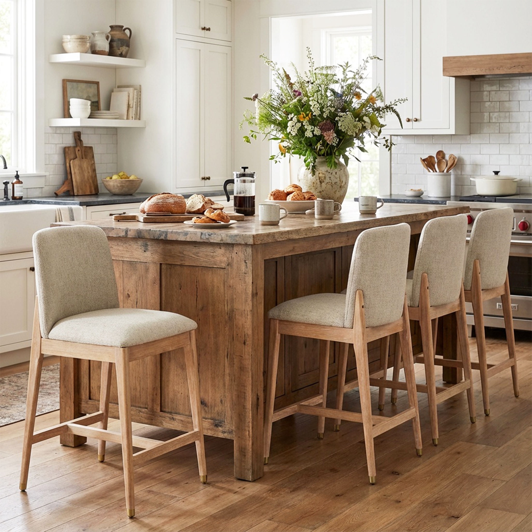 Christopher Knight Home 38"H Beige Upholstered Counter Stools Set of 4, Natural Finish Rubberwood Frame