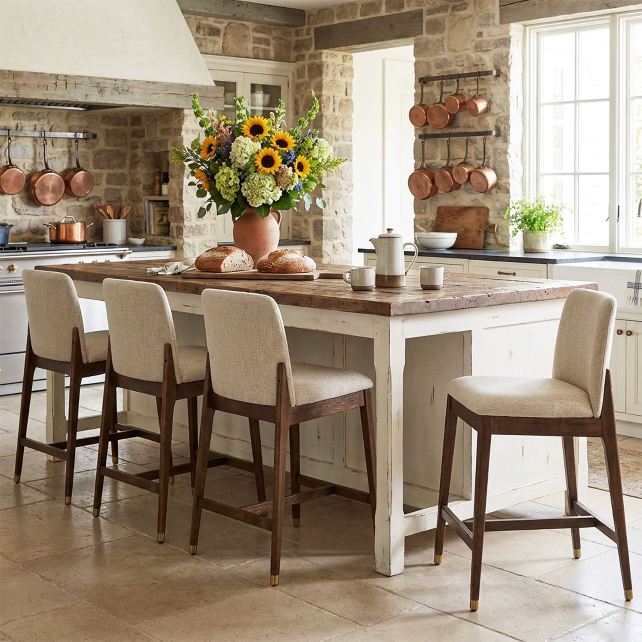 Christopher Knight Home 38"H Beige Upholstered Counter Stools Set of 4, Walnut Finish Rubberwood Frame