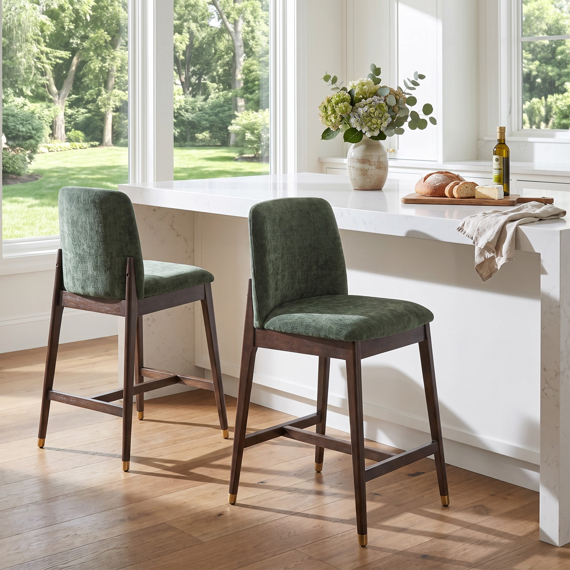 Christopher Knight Home 38"H Green Upholstered Counter Stools Set of 2, Walnut Finish Rubberwood Frame