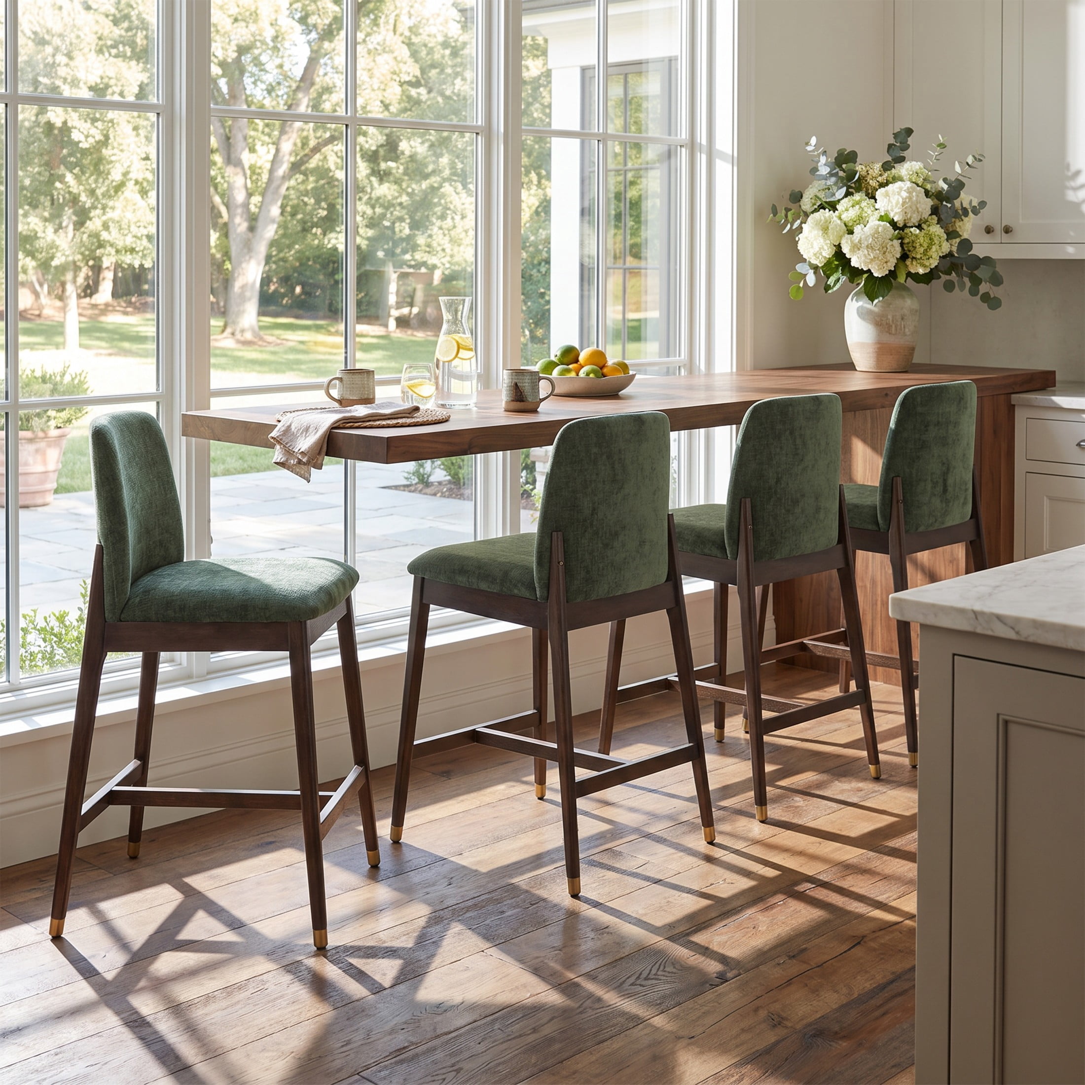 Christopher Knight Home 38"H Green Upholstered Counter Stools Set of 4, Walnut Finish Rubberwood Frame