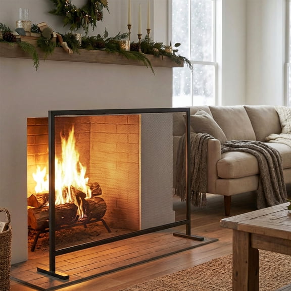 Christopher Knight Home 38" W x 30" H Iron Fireplace Screen, Single Panel Mesh Design, Black