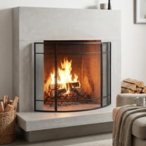 Christopher Knight Home 38" W x 32" H Curved Iron Fireplace Screen, Modern Single Panel Grid, Black