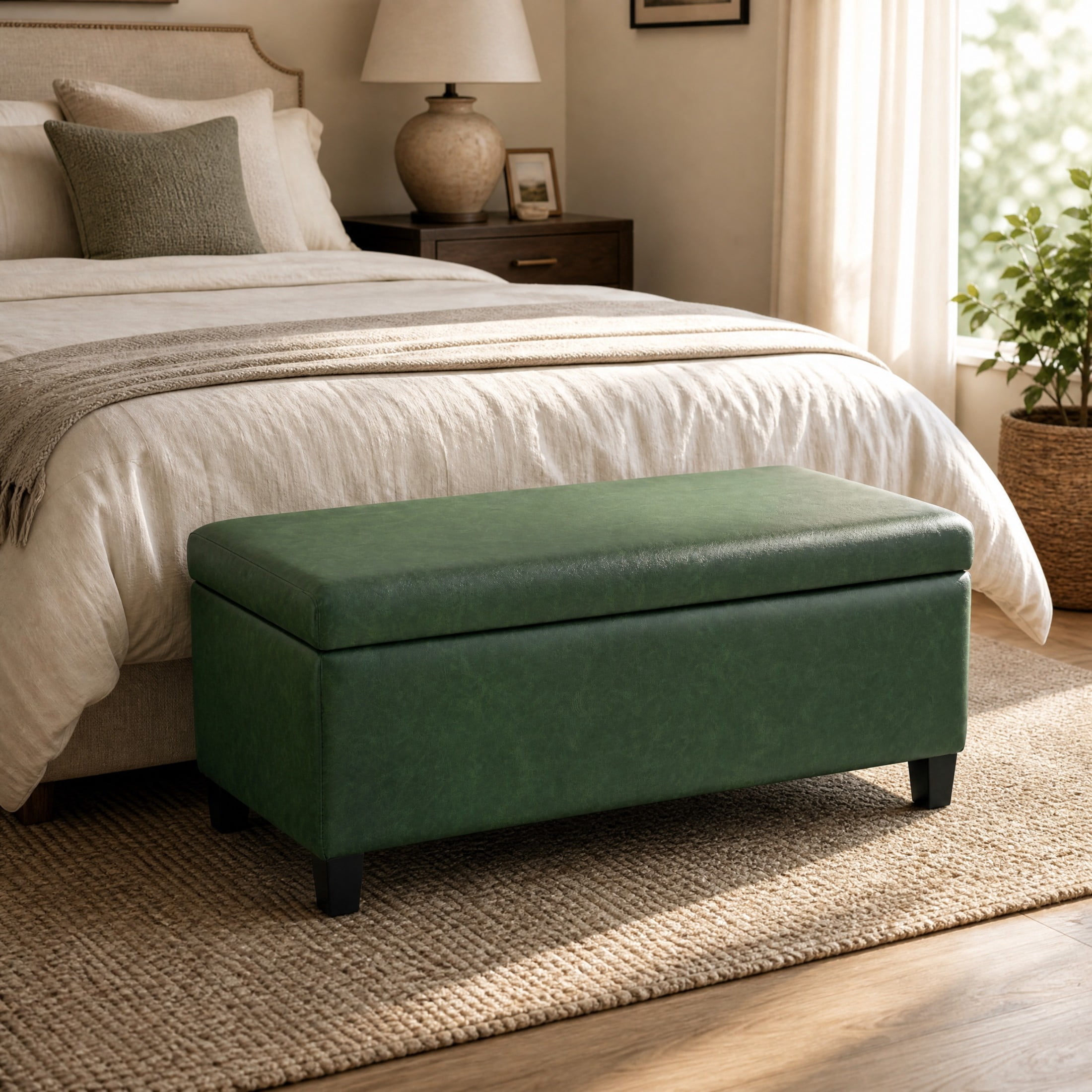 Christopher Knight Home 39" Storage Ottoman Bench, Flip-Top PU Leather Footrest with Wood Legs, Green