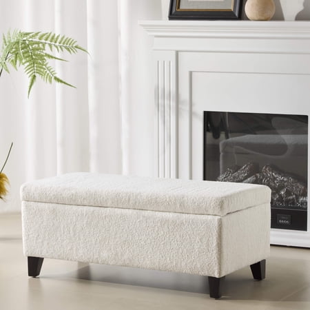 Christopher Knight Home 39" White Boucle Storage Ottoman with Hinged Lid and Birch Wood Legs