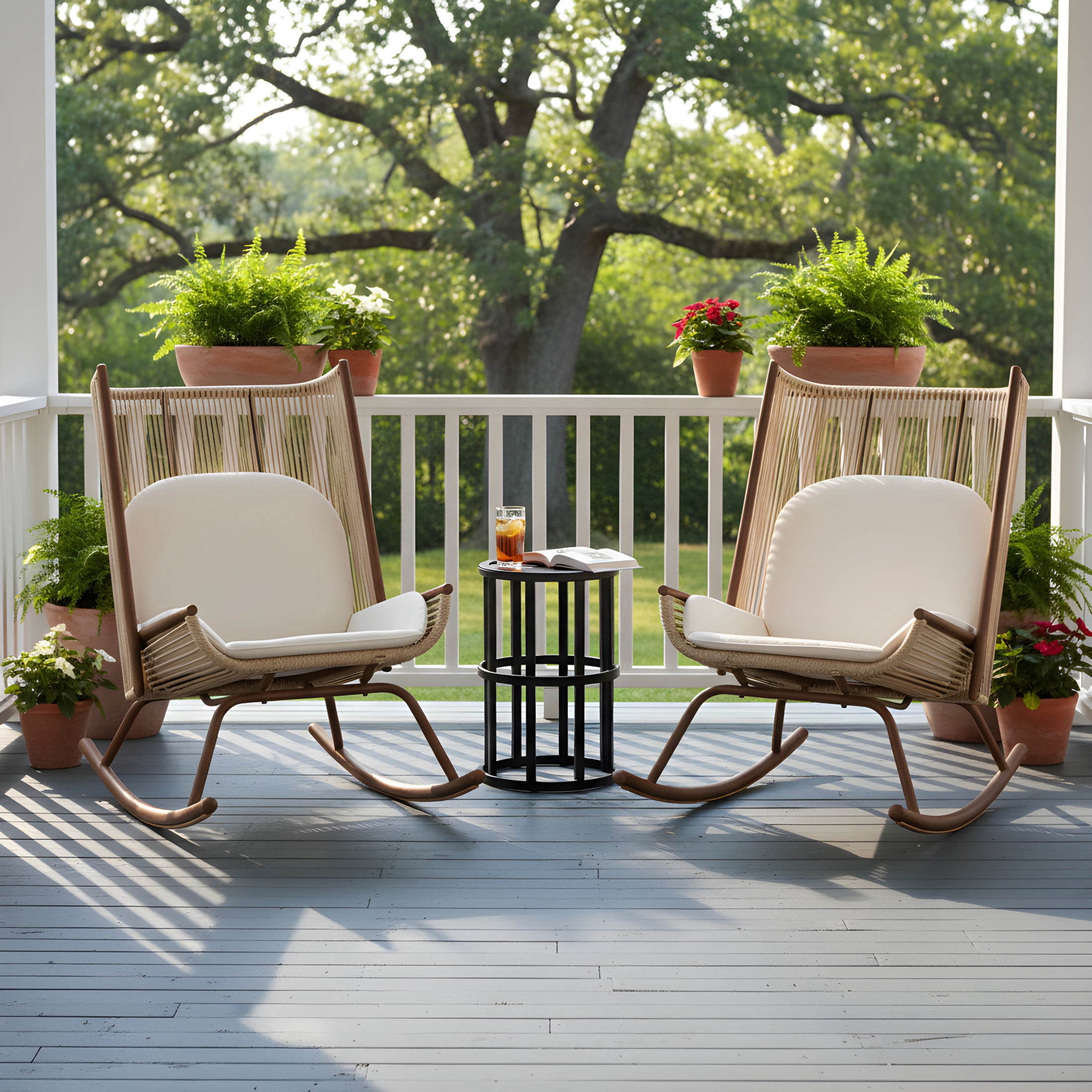Christopher Knight Home 3PCS High Back Outdoor Rocking Chair with Cushion and 10.8" Side Table, Beige