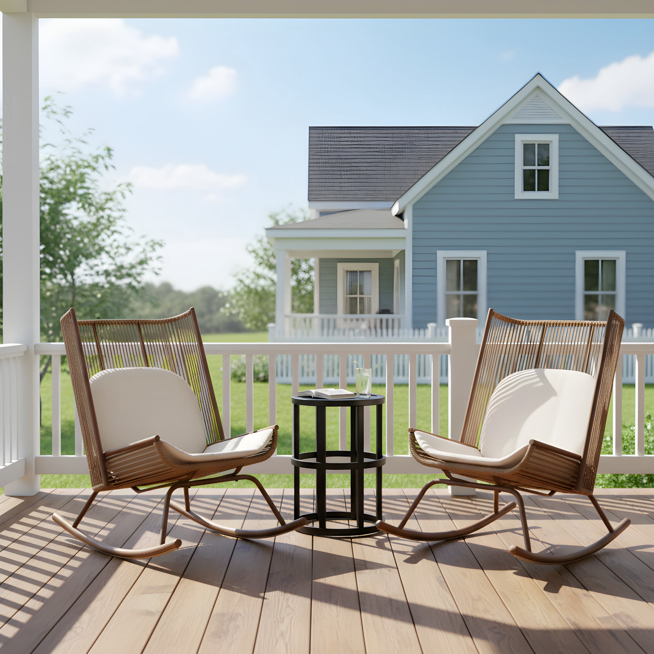Christopher Knight Home 3PCS High Back Outdoor Rocking Chair with Cushion and 10.8" Side Table, Brown