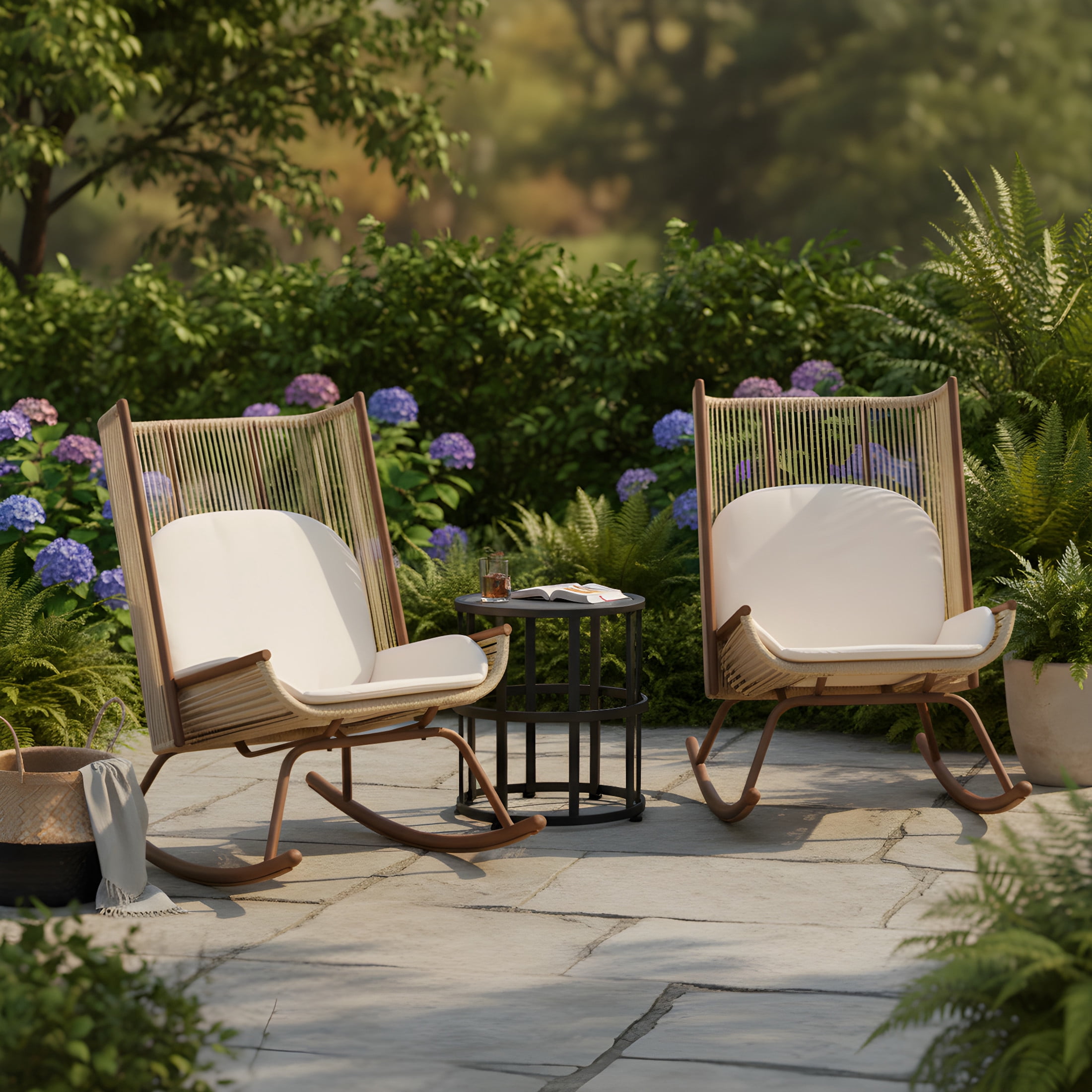 Christopher Knight Home 3PCS High Back Outdoor Rocking Chair with Cushion and 16.5" Side Table, Beige