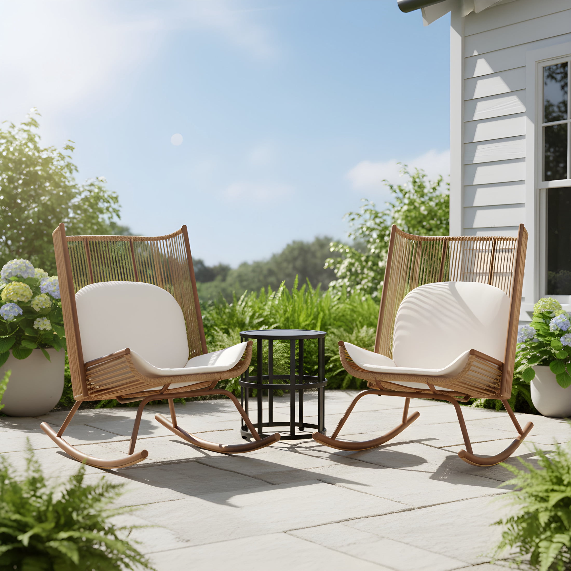 Christopher Knight Home 3PCS High Back Outdoor Rocking Chair with Cushion and 16.5" Side Table, Brown