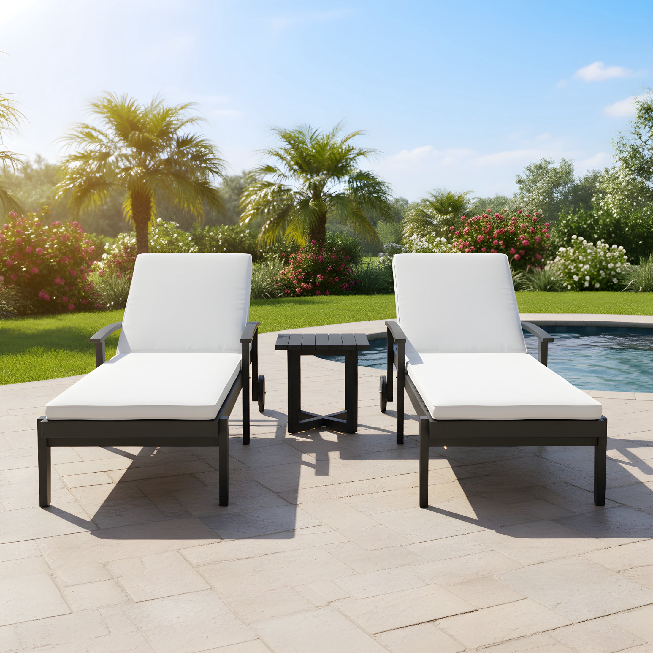Christopher Knight Home 3PCS Modern Outdoor Chaise Lounges & Square Side Table Set, Beige+Black