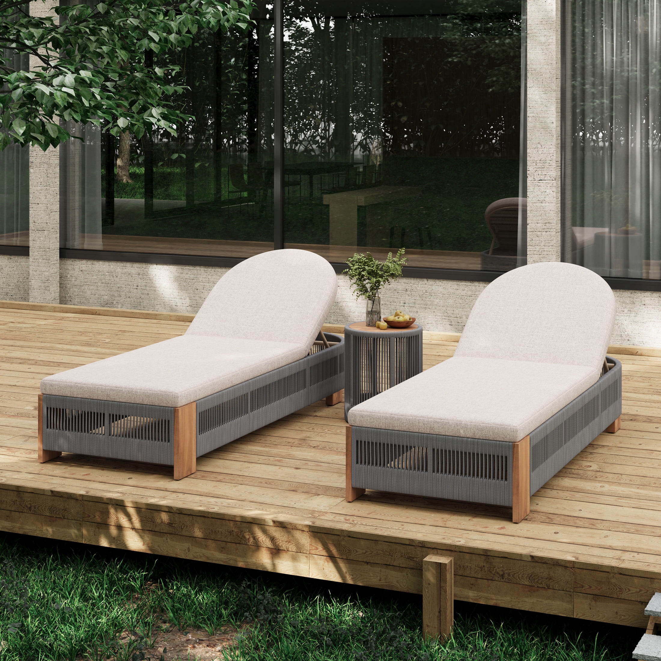 Christopher Knight Home 3PCS Outdoor Chaise Lounge with Cushion & Side Table, Woven Rope Design, Grey