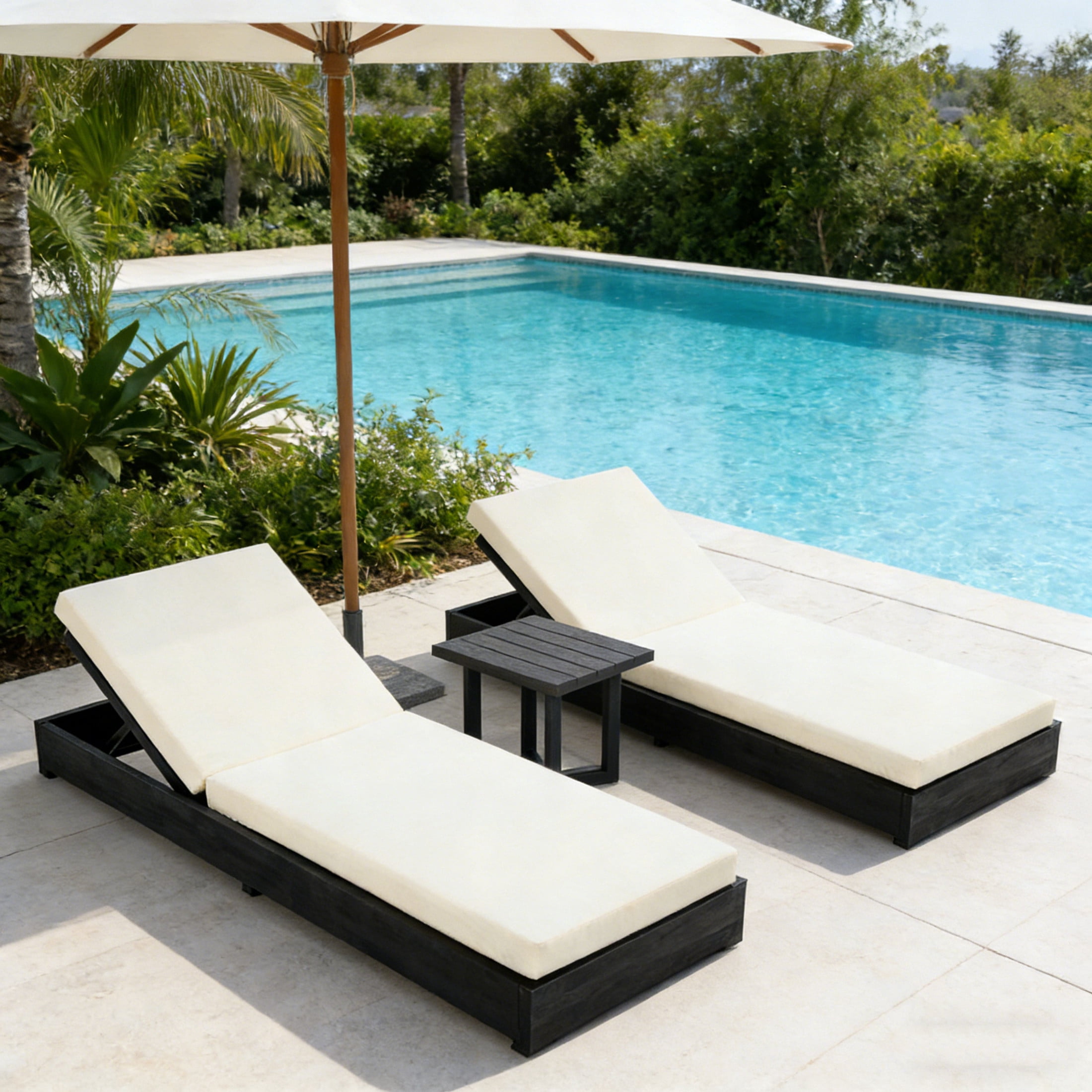 Christopher Knight Home 3PCS Outdoor Chaise Lounges & Side Table Set, Adjustable Back, Black+Cream