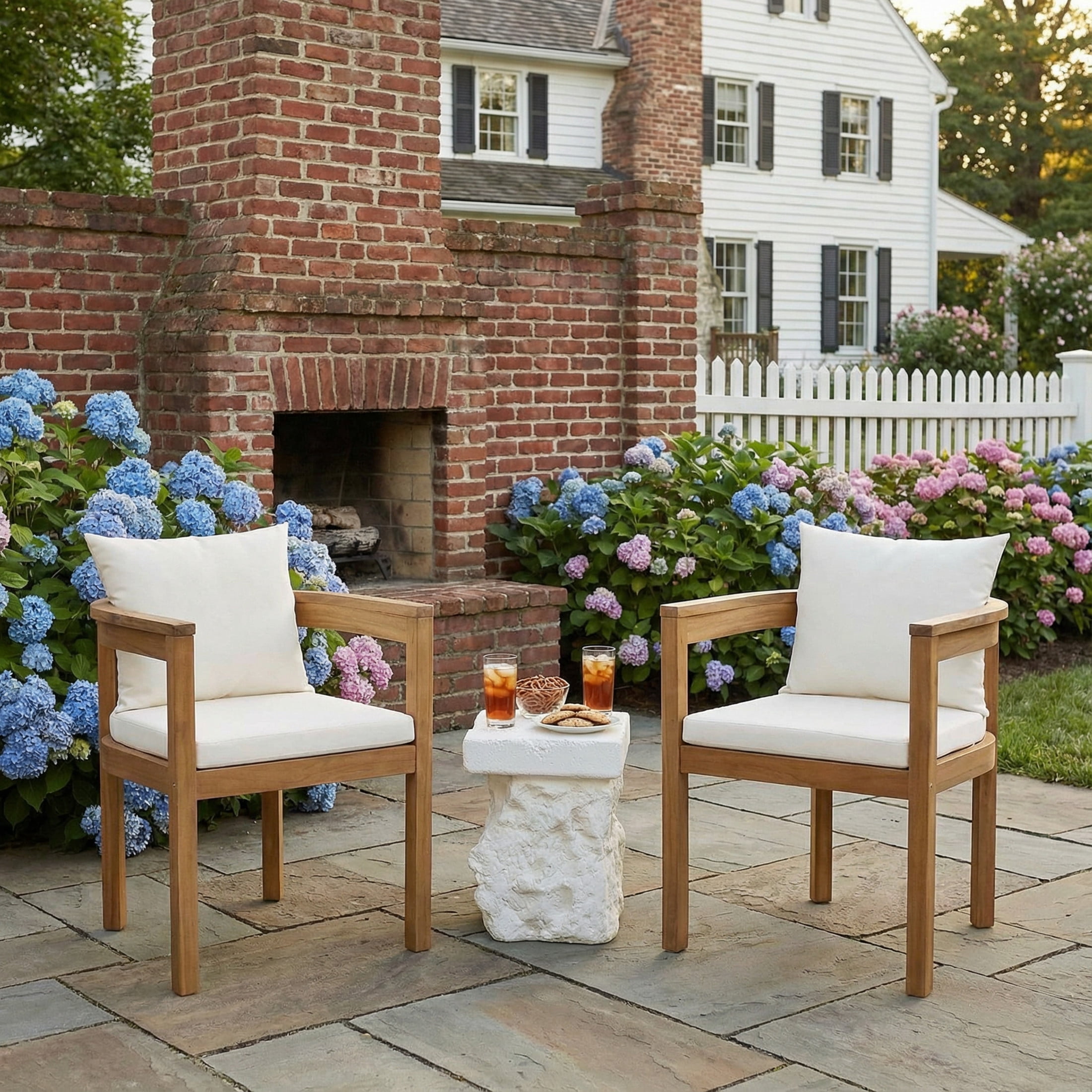 Christopher Knight Home 3PCS Outdoor Patio Set, Acacia Wood Chairs with Beige Cushion & White Side Table