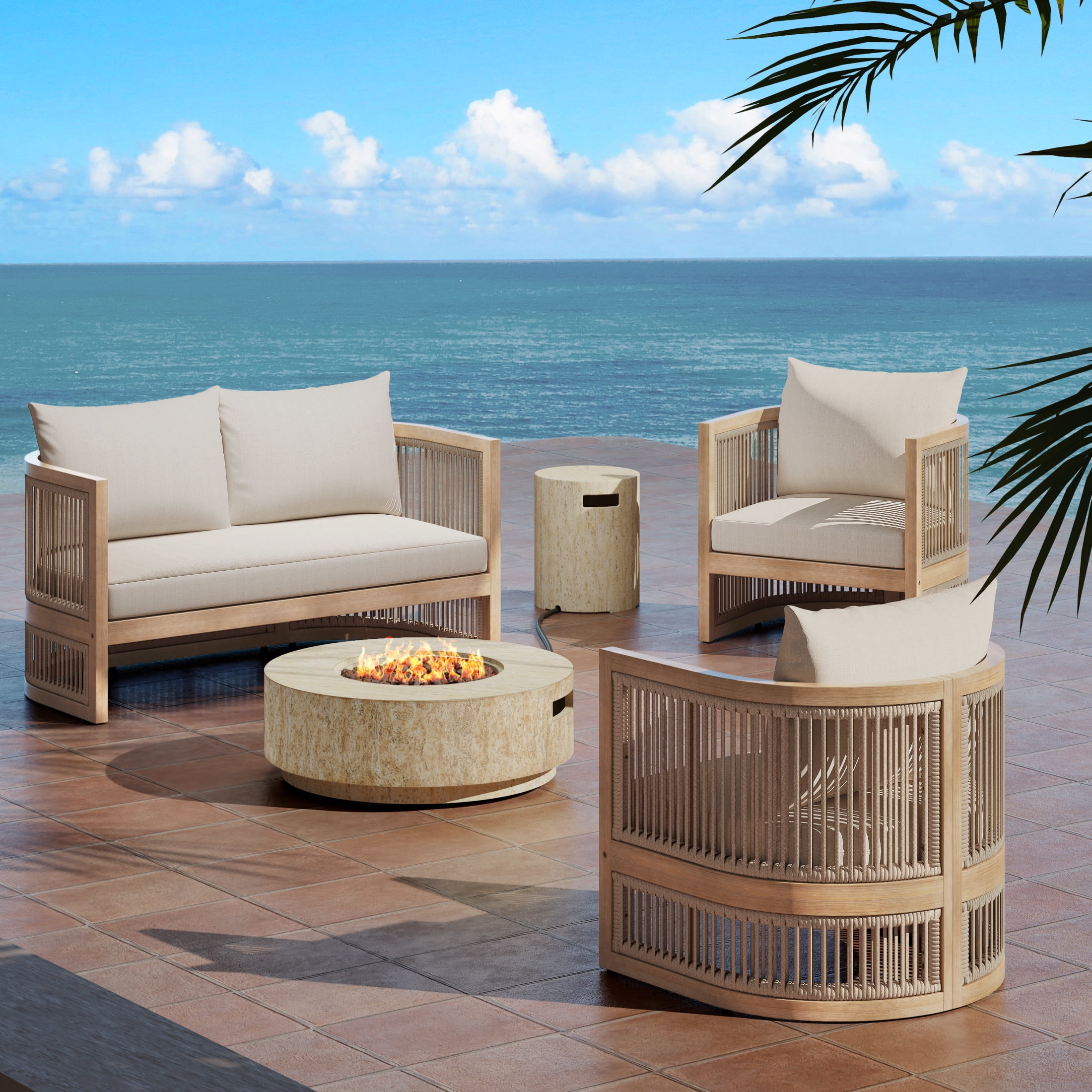Christopher Knight Home 4-Person Patio Conversation Set with MGO Fire Pit Table & Tank Holder, Wood Frame, Teak+Beige