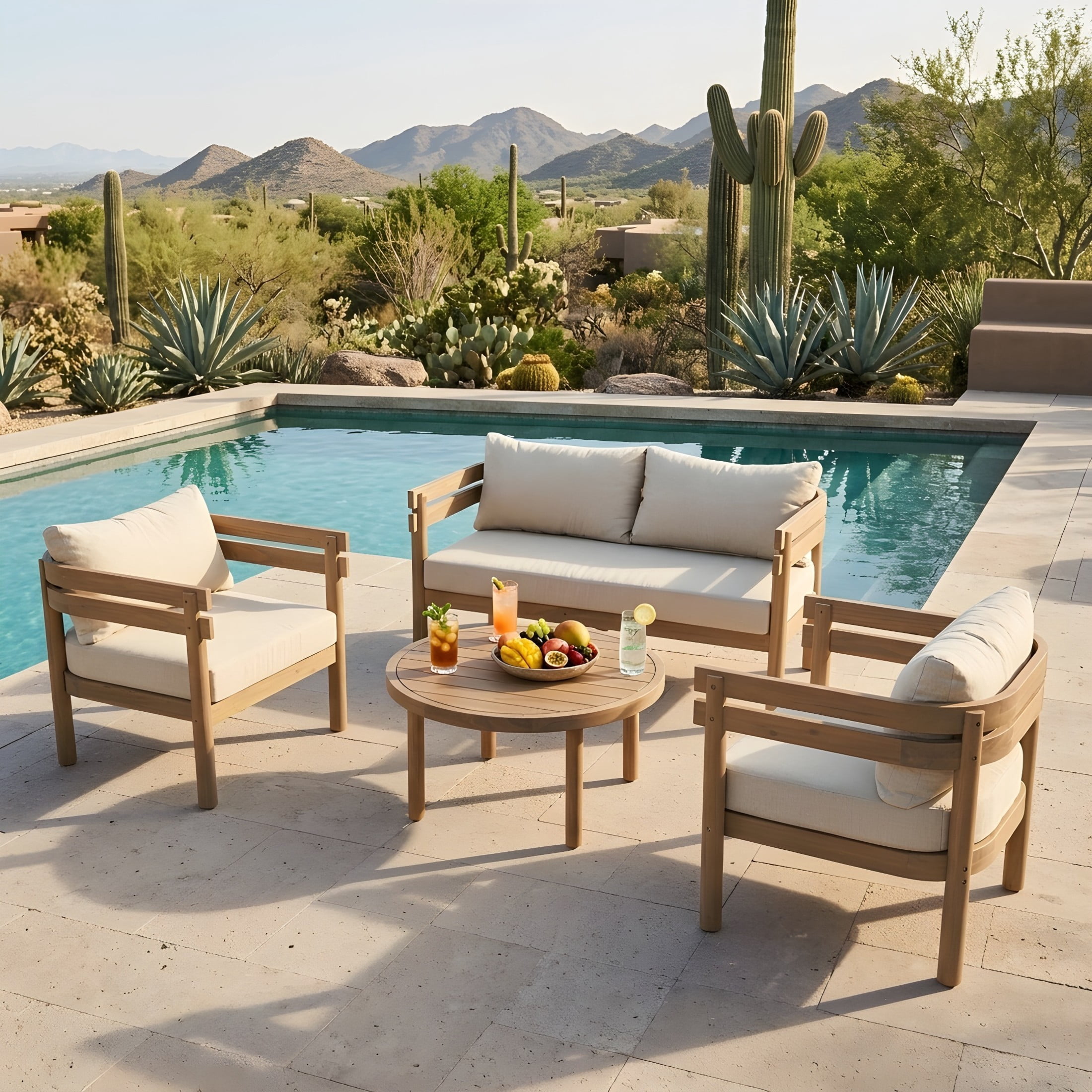 Christopher Knight Home 4-Piece Acacia Wood Patio Conversation Set with Cushions, Light Brown+Beige