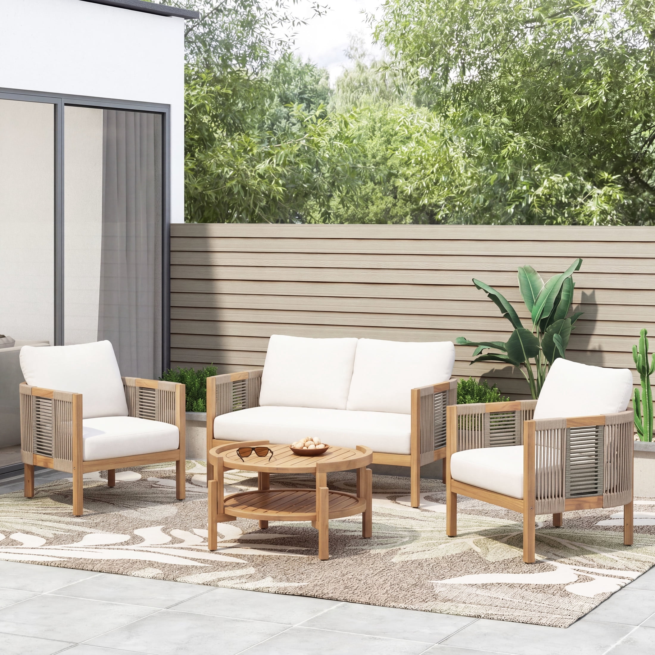 Christopher Knight Home 4-Piece Boho Outdoor Conversation Set with Cushions and Rope Accents, Teak+Beige