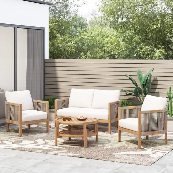 Christopher Knight Home 4-Piece Boho Outdoor Conversation Set with Cushions and Rope Accents, Teak+Beige