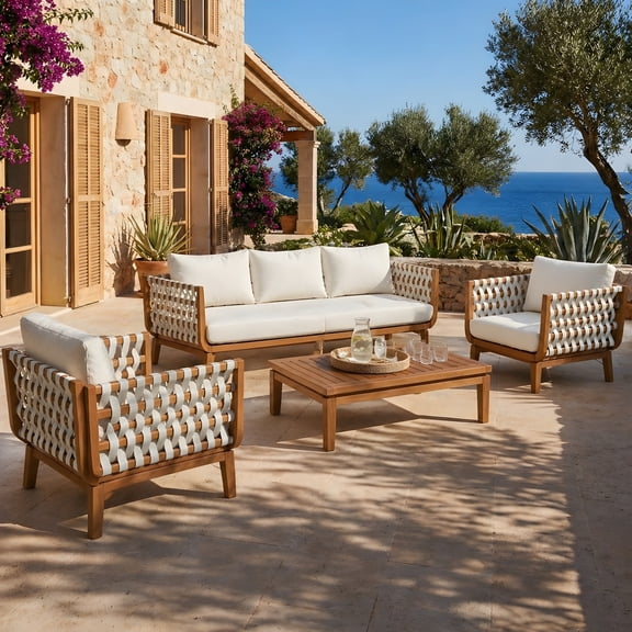 Christopher Knight Home 4-Piece Boho Wood Outdoor Conversation Set with Coffee Table, Beige Cushions, Teak