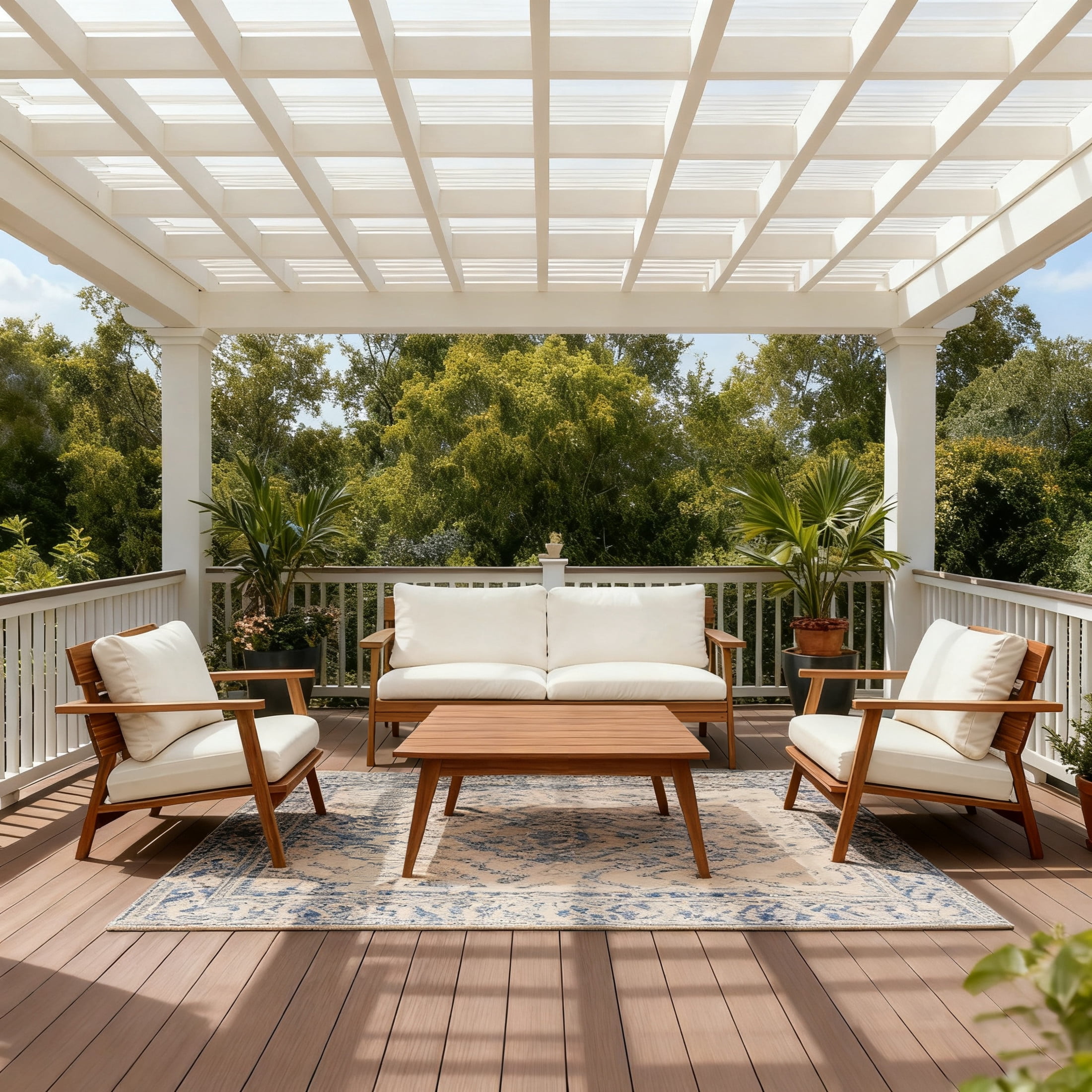 Christopher Knight Home 4-Piece Mid-Century Patio Chat Set, Wooden Loveseat, Club Chairs and Coffee Table, Teak+Beige