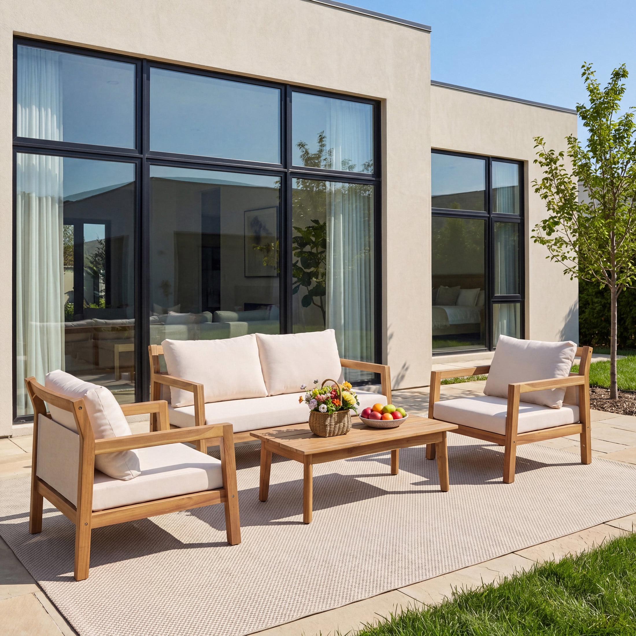 Christopher Knight Home 4-Piece Modern Outdoor Conversation Set with Cushions, 4 Seats, Light Teak+Beige