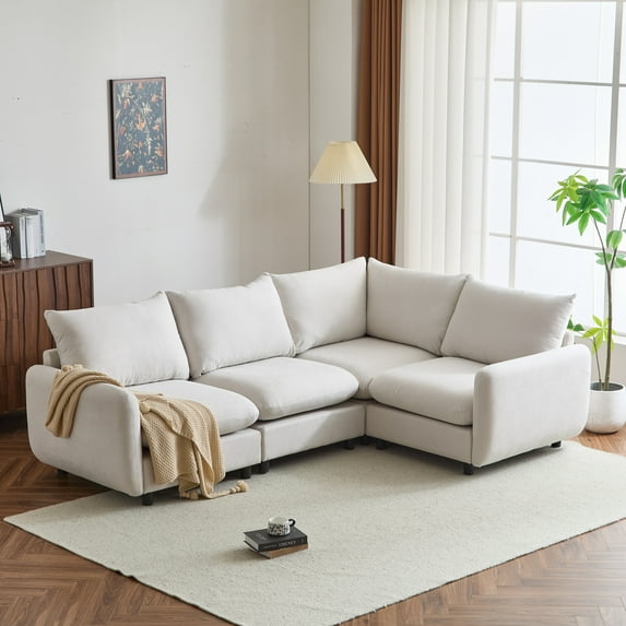 Christopher Knight Home 4-Piece Modular Sectional Sofa, L Shaped Upholstered Couch, Solid Wood Frame, White Sand