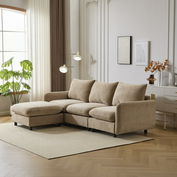 Christopher Knight Home 4-Piece Modular Sectional Sofa with Ottoman, 99.5" Upholstered Couch, Solid Wood Frame, Camel