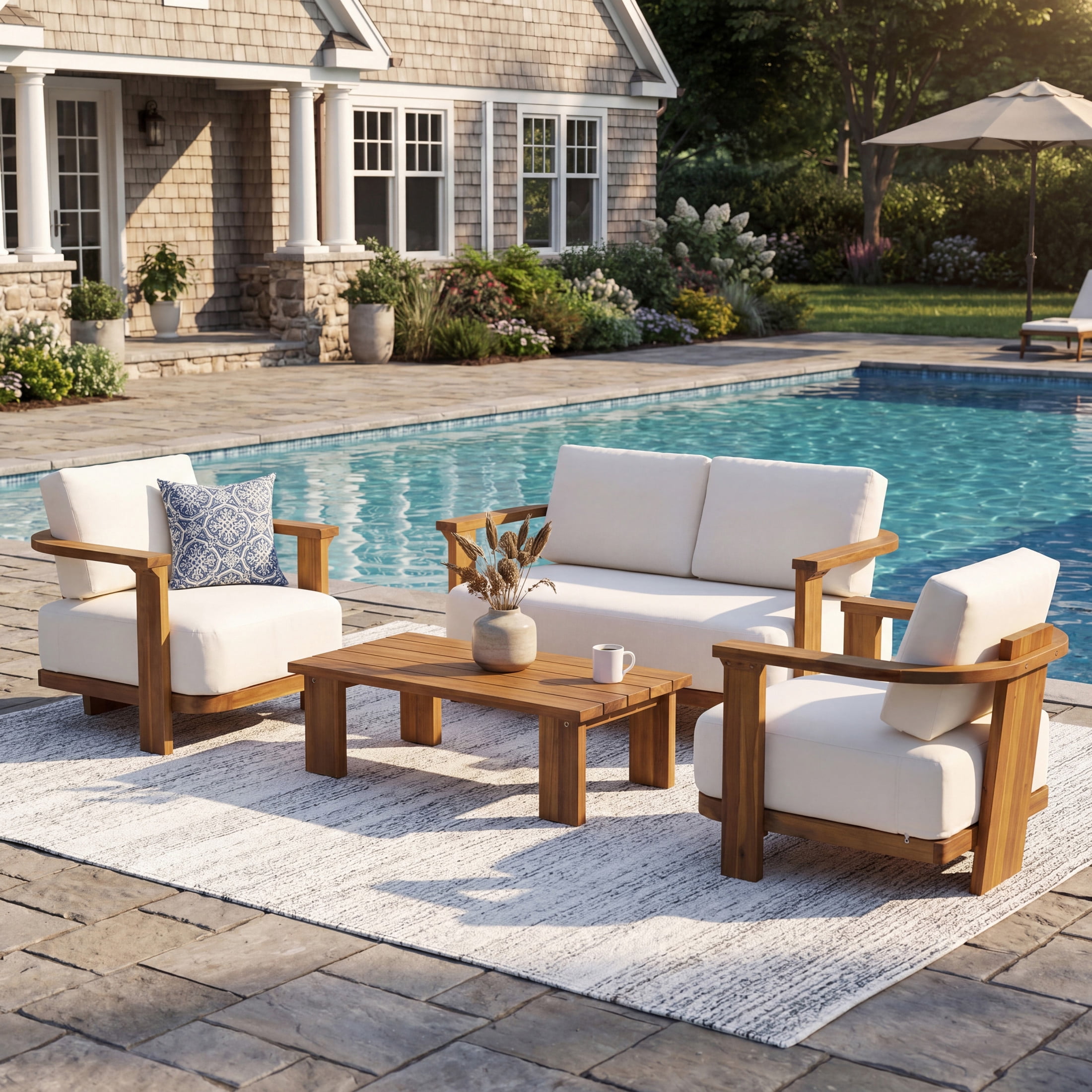 Christopher Knight Home 4-Piece Outdoor Acacia Wood Conversation Set with Cushions, Teak+Beige