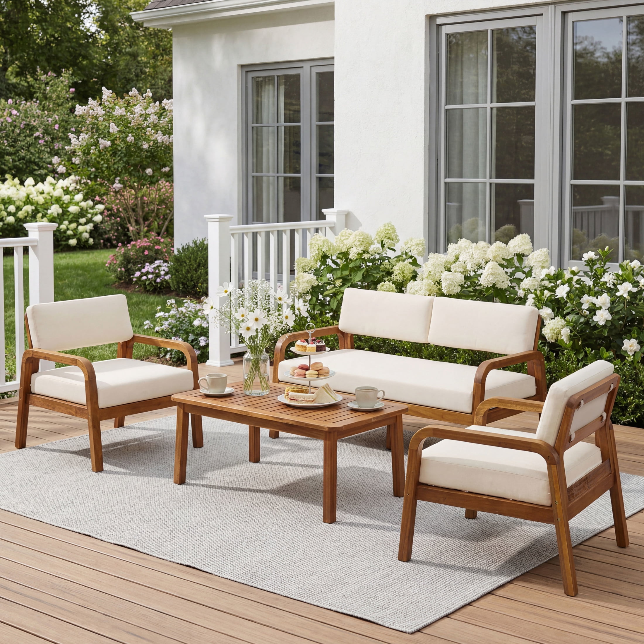Christopher Knight Home 4-Piece Outdoor Acacia Wood Sofa Conversation Set with Cushions, Teak+Cream
