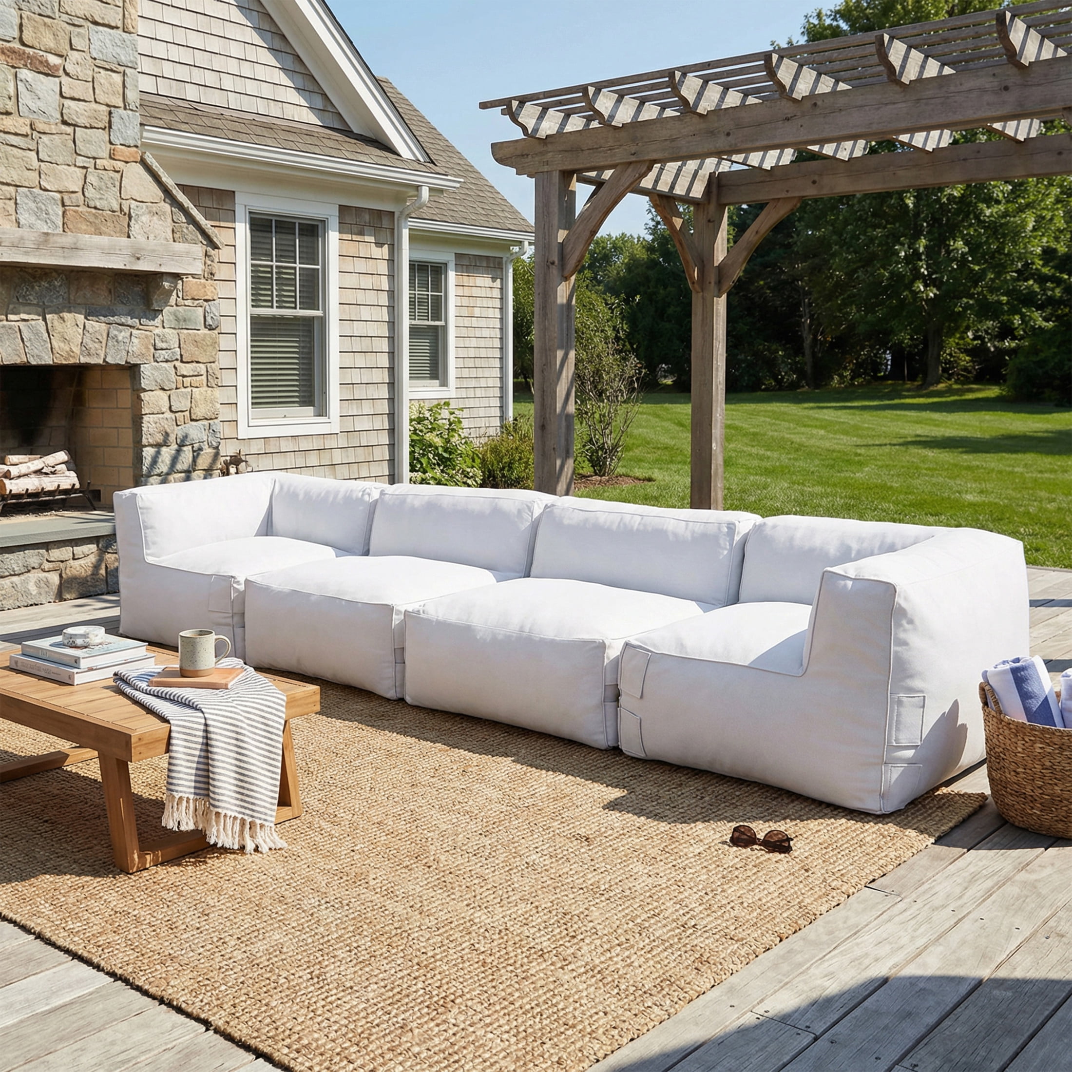 Christopher Knight Home 4-Piece Outdoor Bean Bag Sofa, Armless and Corner Chairs, Foam Fill, Light Gray