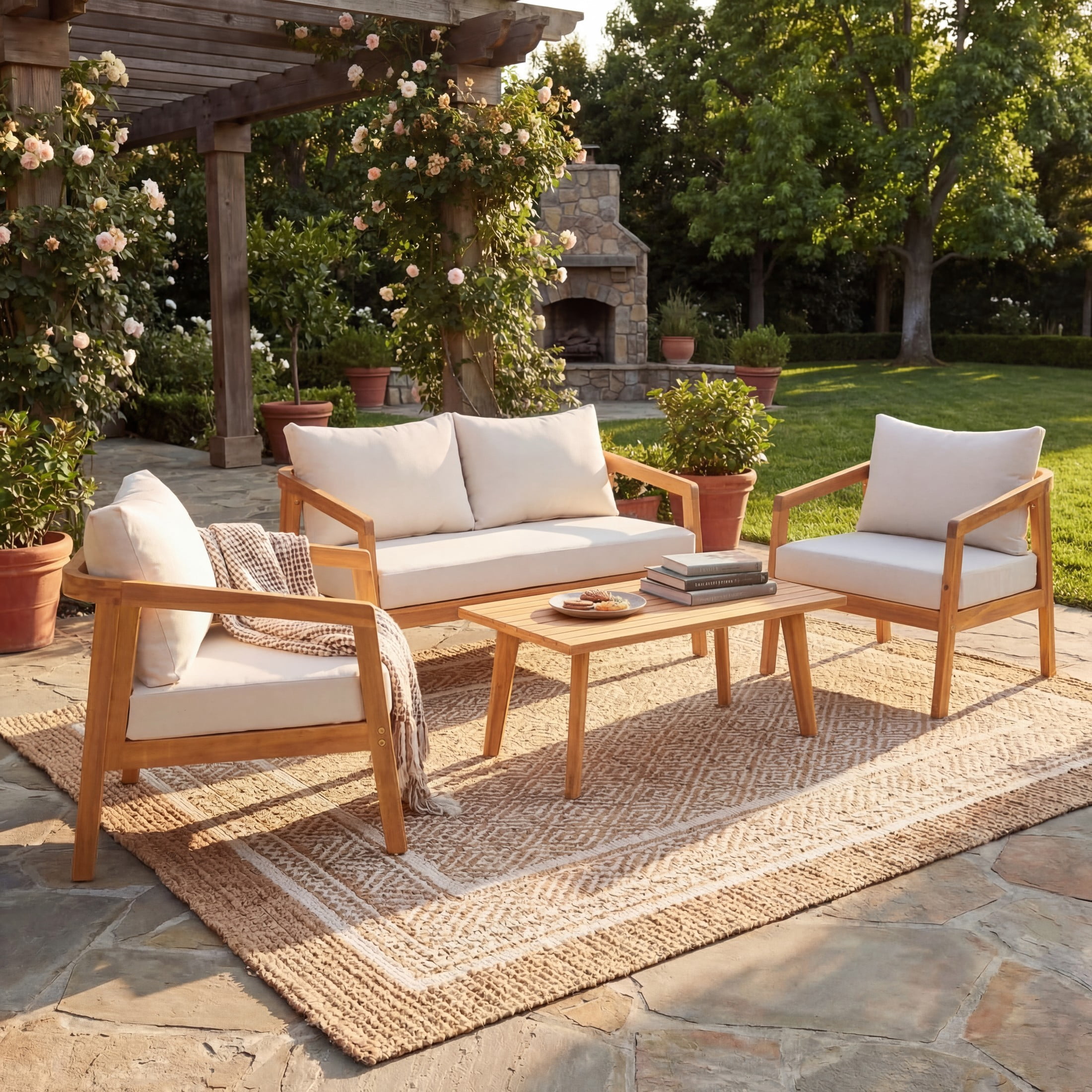 Christopher Knight Home 4-Piece Outdoor Chat Set, 4 Seats, Natural Acacia Wood Frame with Beige Cushions