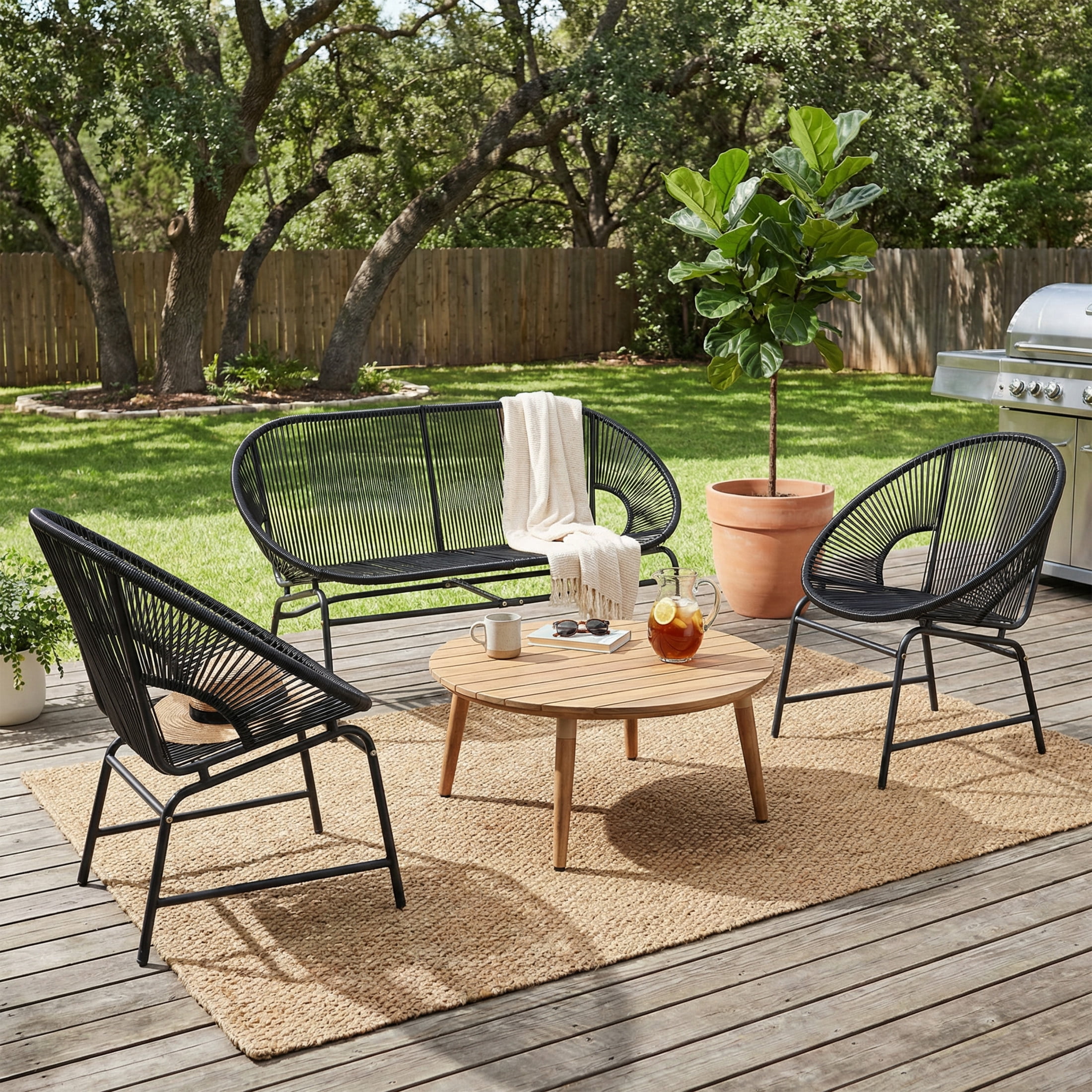 Christopher Knight Home 4-Piece Outdoor Chat Set, Rattan Loveseat, Chairs and Wood Coffee Table, Black