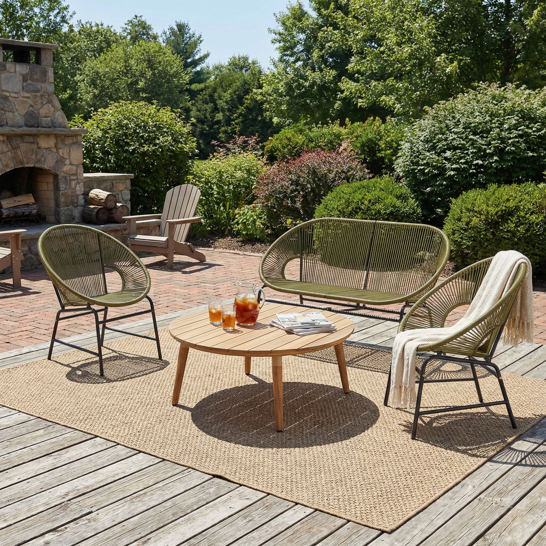 Christopher Knight Home 4-Piece Outdoor Chat Set, Rattan Loveseat, Chairs and Wood Coffee Table, Green