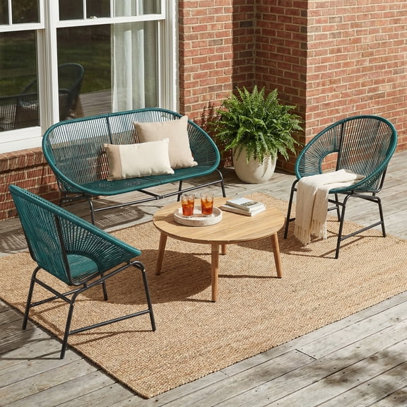 Christopher Knight Home 4-Piece Outdoor Chat Set, Rattan Loveseat, Chairs and Wood Coffee Table, Teal