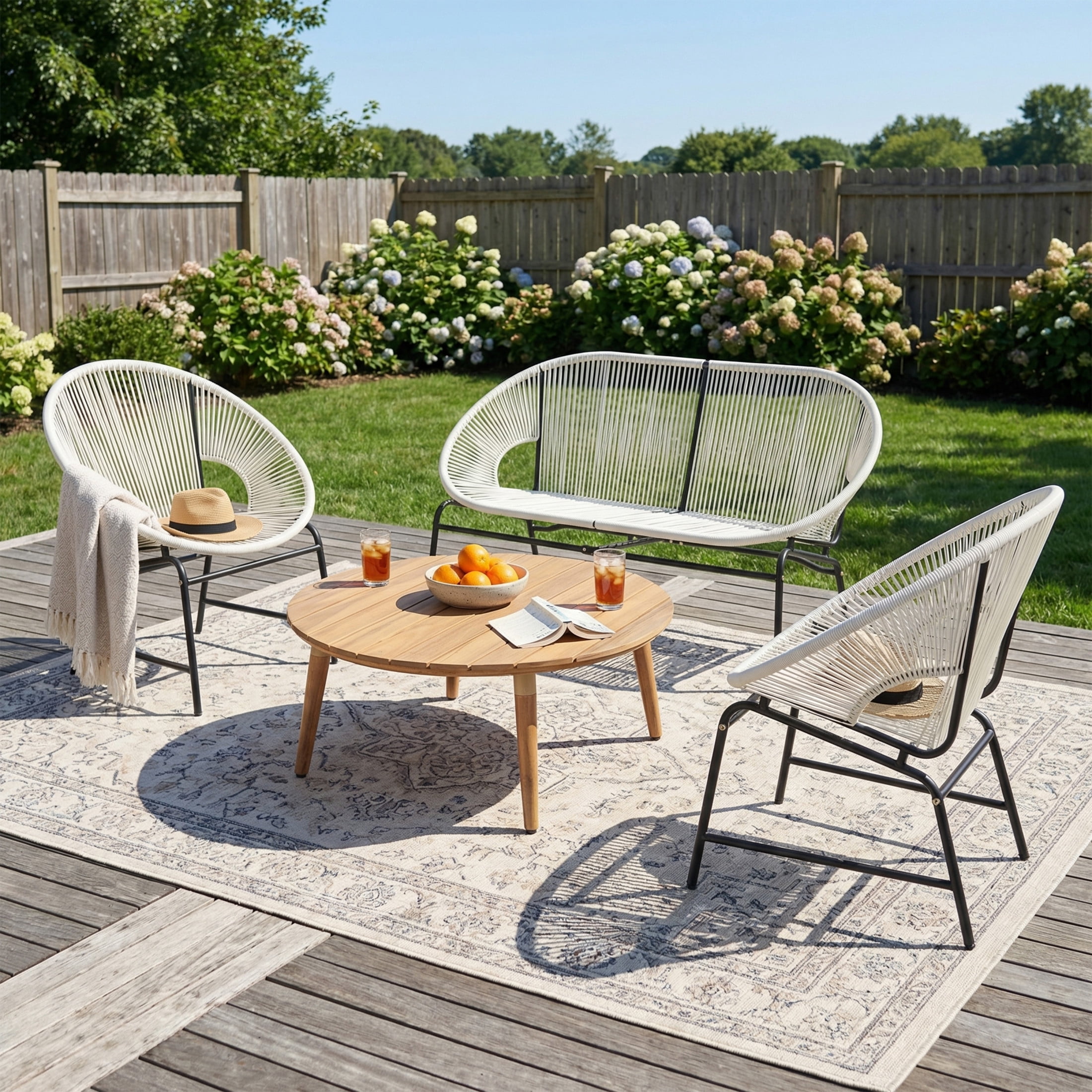 Christopher Knight Home 4-Piece Outdoor Chat Set, Rattan Loveseat, Chairs and Wood Coffee Table, White